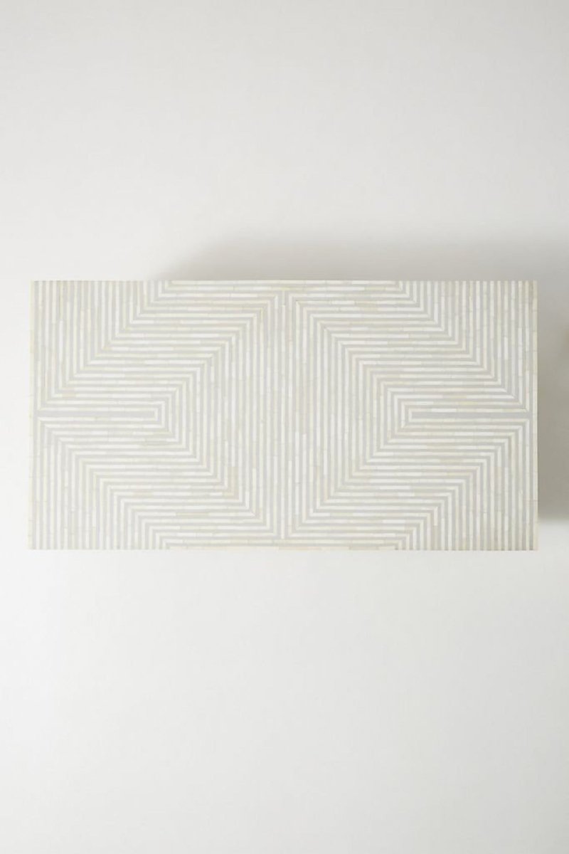 Handmade Bone Inlay Coffee Table - White & Grey Striped Rectangle Center Table for Living Room, Lounge & Office Decor | Modern Boho Furniture for Home & Workspace