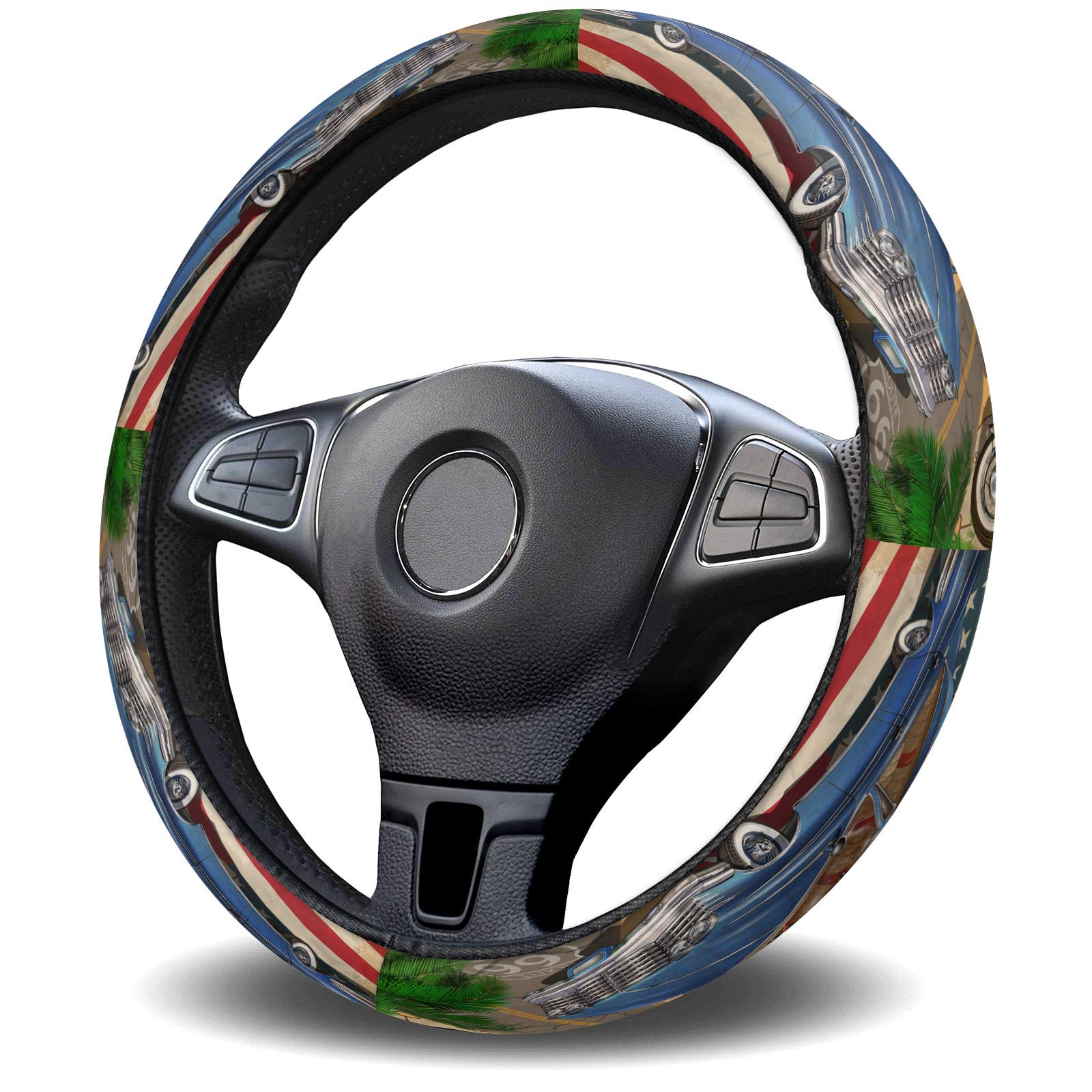 Vintage Route 66 Map Steering Wheel Cover - Non-Slip Elastic Sponge Grip for Cars, SUVs, Trucks & Motorcycles | Perfect for Road Trips & Classic Car Enthusiasts
