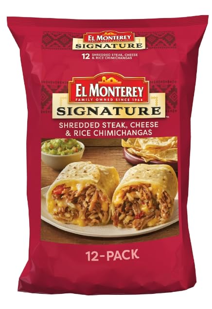 El Monterey Signature Shredded Steak, Cheese & Rice Chimichangas - 54oz (12 Count) Frozen Mexican Food - Perfect for Quick Dinners, Party Snacks & Family Meals