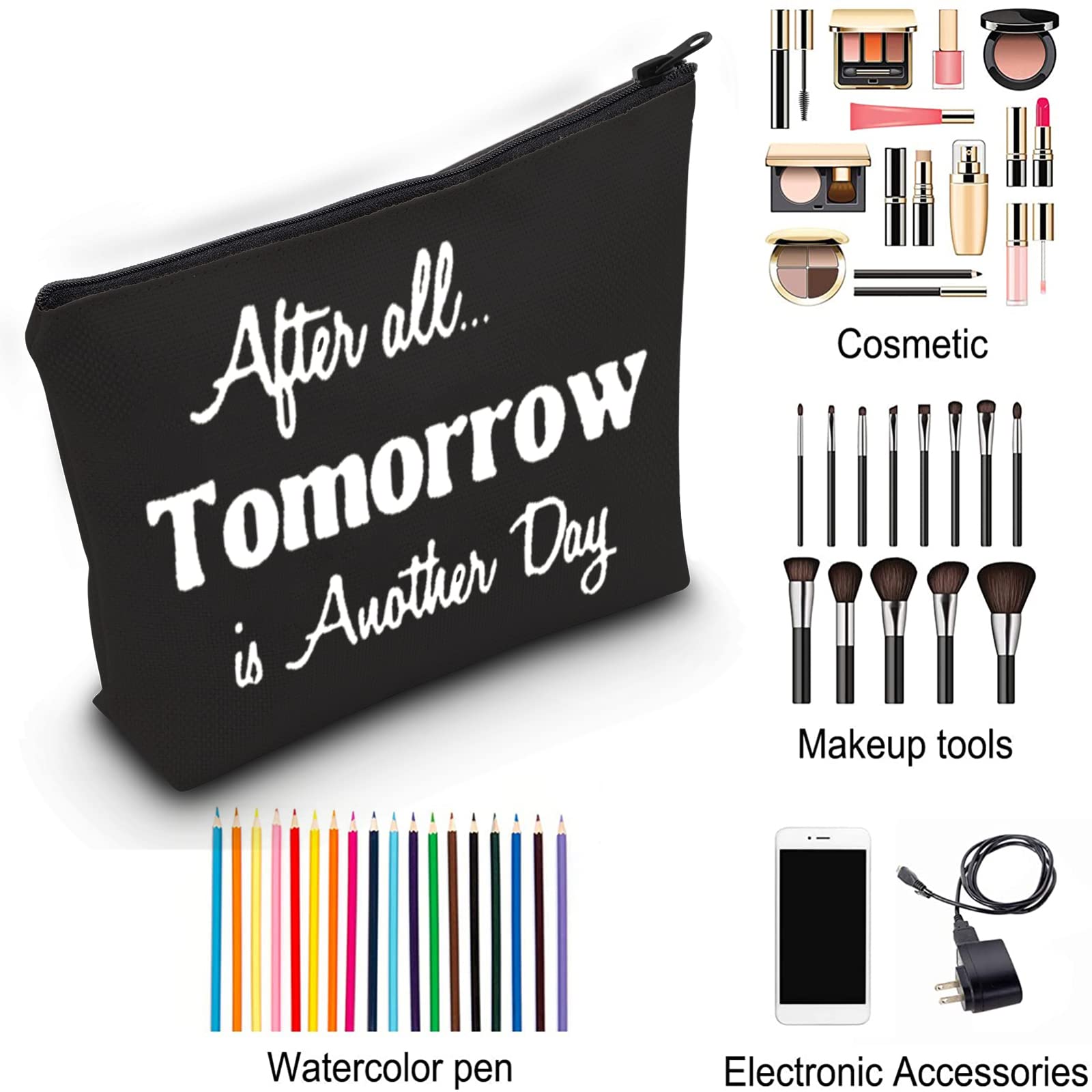 ZJXHPO Inspirational Makeup Bag with Zipper - 'After All Tomorrow Is Another Day' Quote - Perfect for Travel, Gym & Daily Cosmetics Storage (Black)