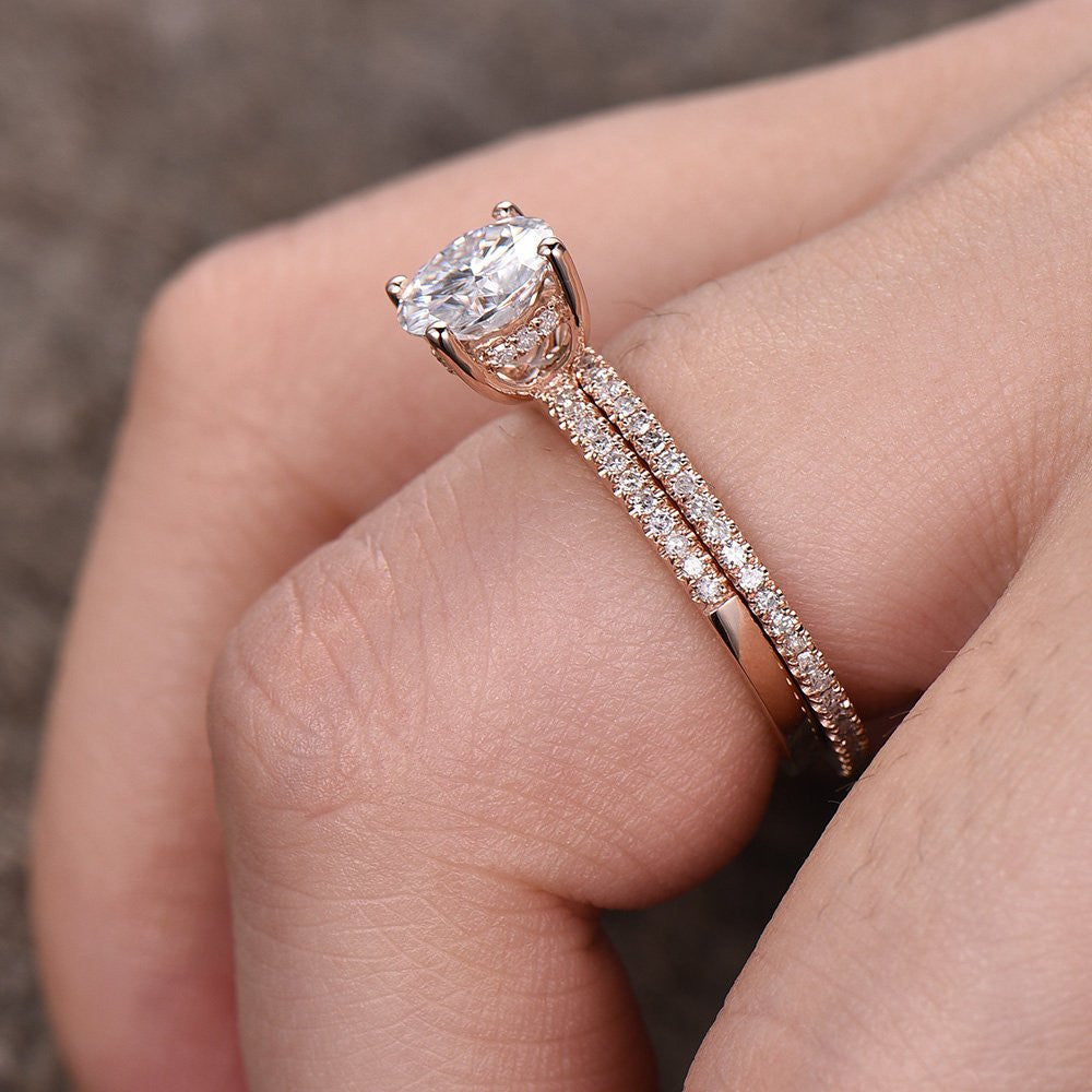 Moissanite Engagement Ring & Wedding Band Set - 7mm Round Solitaire Eternity Ring in 14K Rose Gold (D-E-F Colorless) | Perfect for Proposals, Anniversaries & Bridal Jewelry