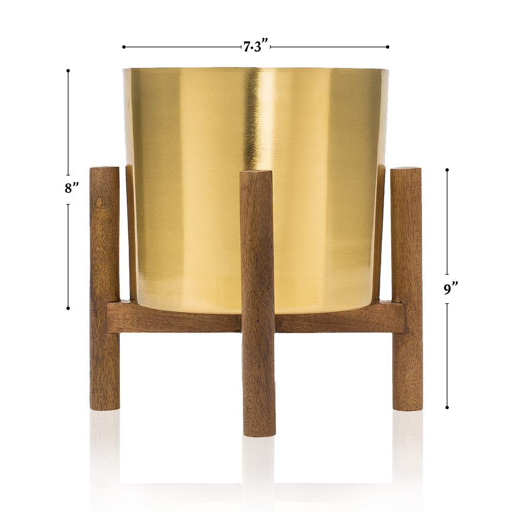 Kimisty Set of 2 Gold Planters with Stand - 7 Inch Large Brass Plated Metal Pots with Wooden Base | Mid-Century Modern Flower Pots for Living Room Decor | Perfect for Orchids, Aloe Vera & Cactus Plants | Indoor Home & Office Plant Decor