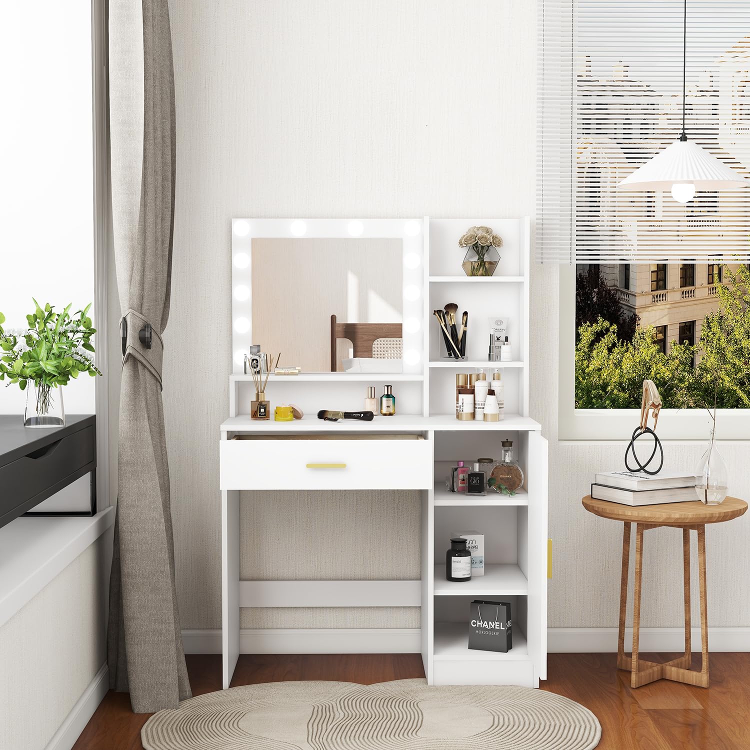 Vanity Desk with Mirror & Lights - Adjustable Brightness, 3 Lighting Modes, 1 Drawer & Cabinet, 4 Shelves - White Makeup Dressing Table Set for Bedroom, Salon & Home Decor