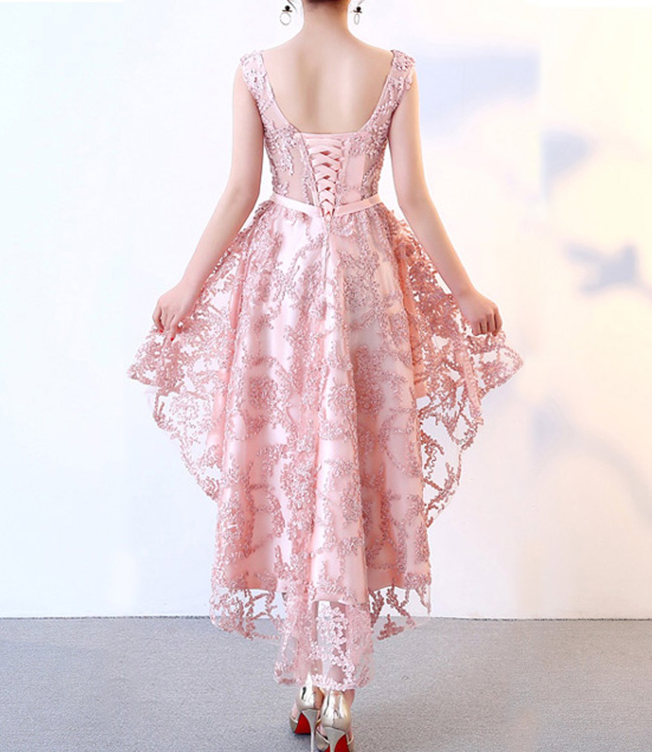 Off Shoulder Cap Sleeve Lace Corset Prom Dress for Women - Homecoming Dress with High Low Hem in Pink Size 14 | Perfect for Formal Dances, Weddings & Special Occasions