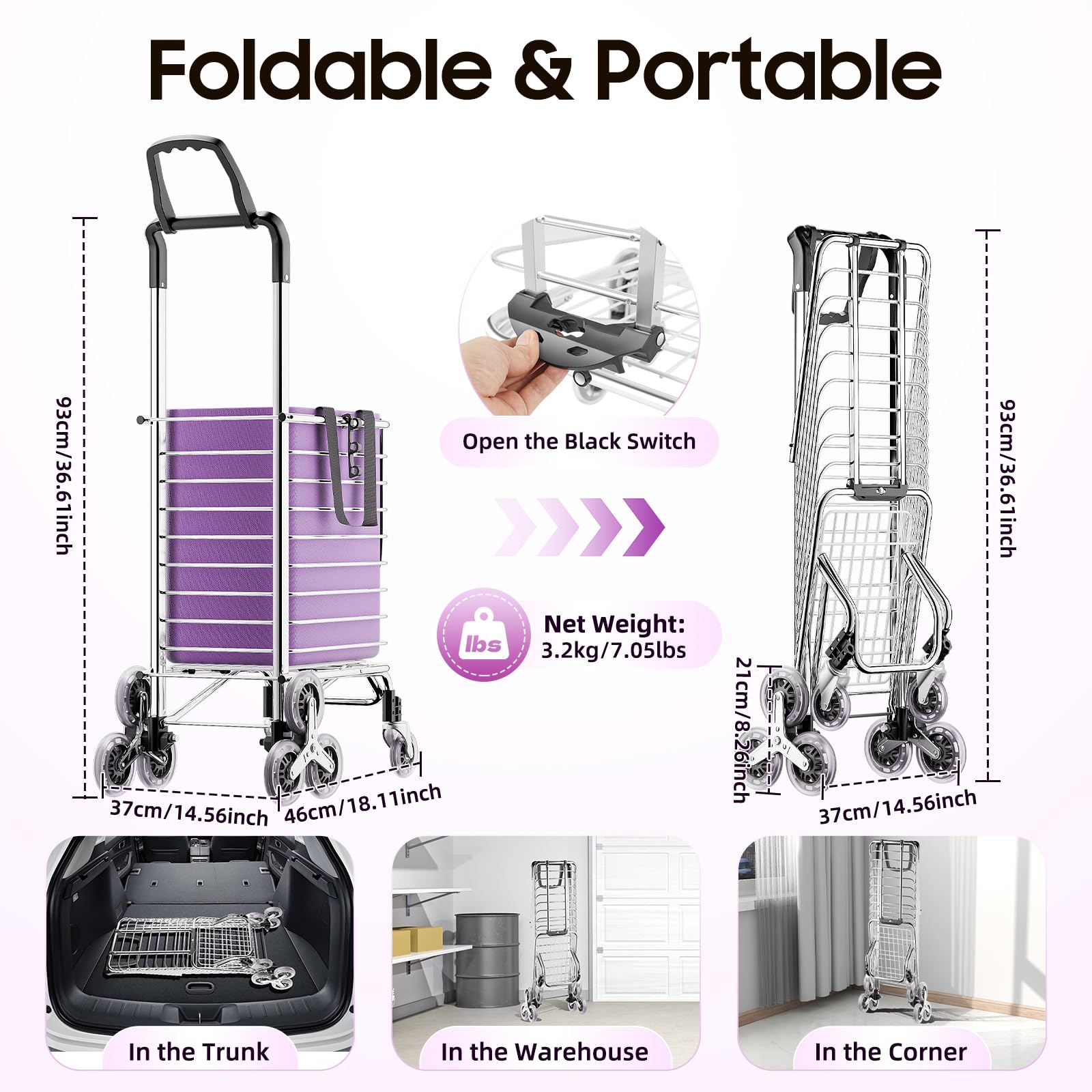 35L Foldable Rolling Cart with Wheels - Heavy Duty Grocery Shopping Cart, Stair Climbing Trolley for Supermarket, Warehouse & Home Delivery (Ideal for Groceries, Laundry, Garden Supplies & Office Transport)