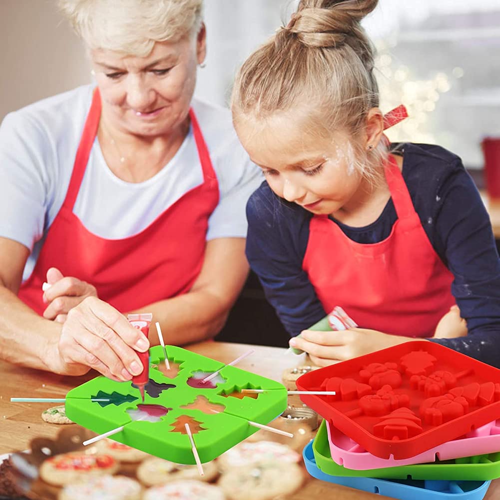 2PCS Christmas Lollipop Candy Molds - 8 Cavities Silicone Lollipop Molds for Chocolate & Hard Candy (Santa Claus, Christmas Tree, Reindeer) with Lollipop Sticks - Perfect for Holiday Baking, DIY Candy Making & Christmas Party Favors