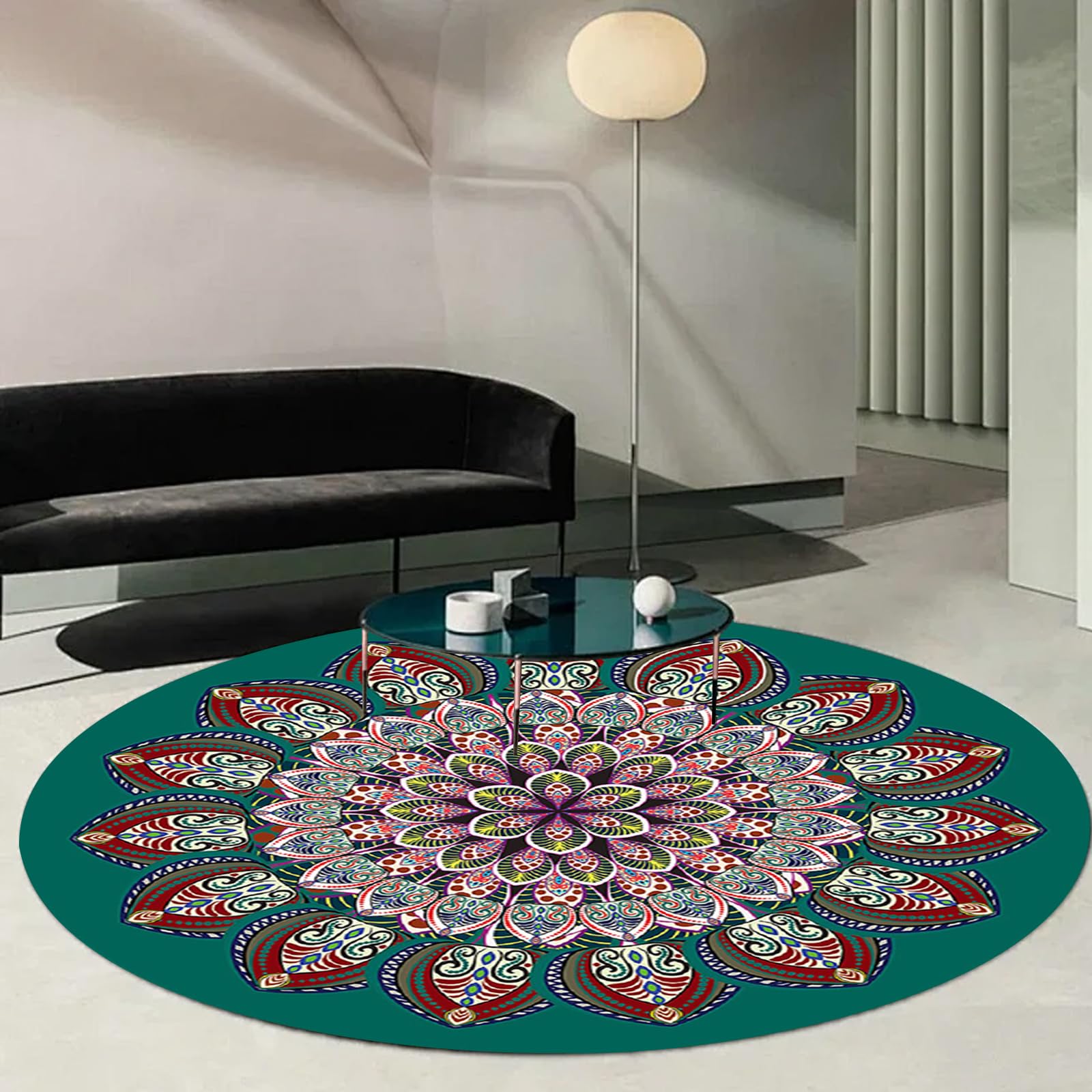 Large 5ft Round Boho Rug Pad - Non-Slip Washable Area Rug with Mandala Print for Living Room & Bedroom | Home Decor Floor Mat for Yoga, Meditation & Bohemian Style Spaces