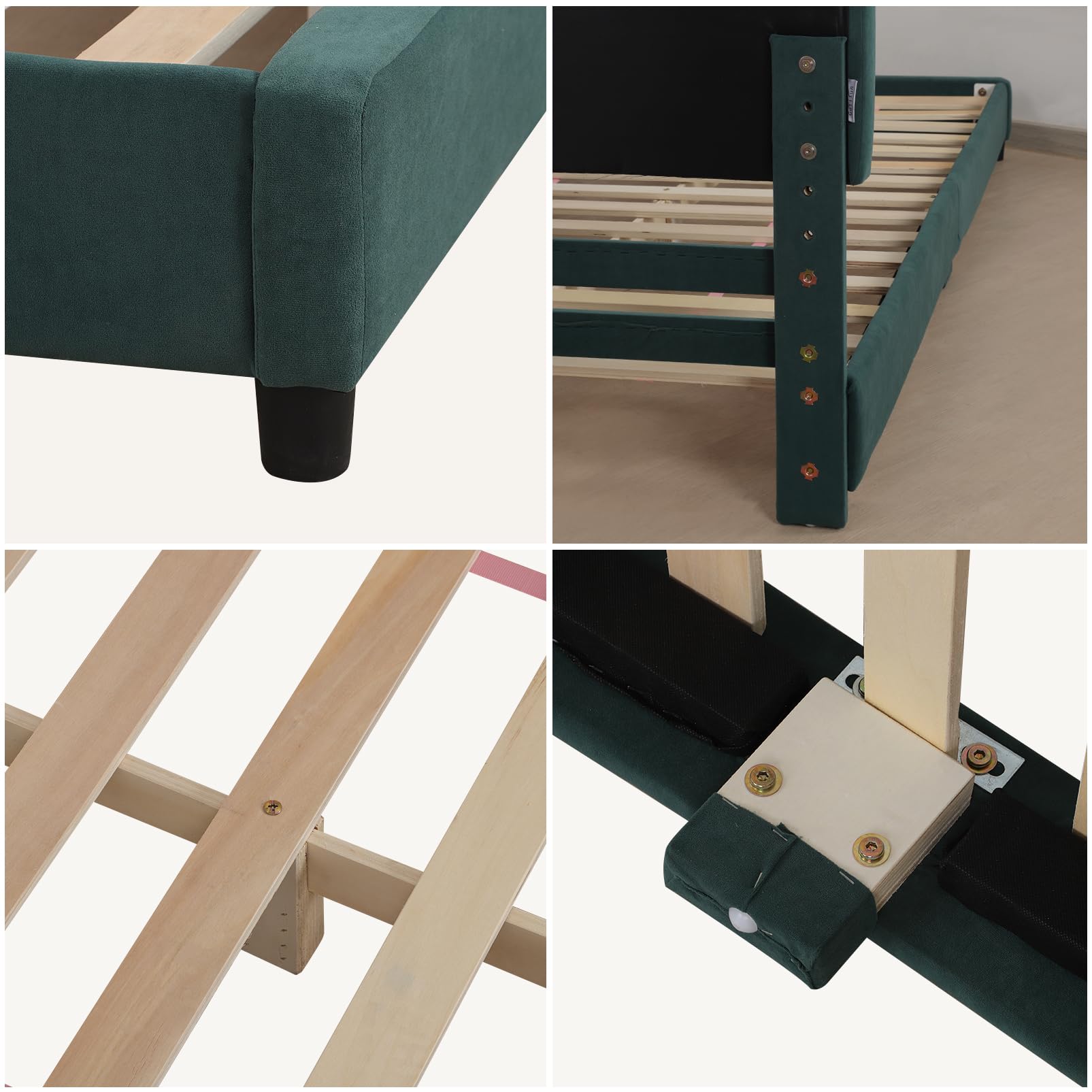 Velvet Upholstered Twin Bed Frame for Kids - Adjustable Headboard, Wooden Structure, Green - Perfect for Nursery, Bedroom & Playroom Decor