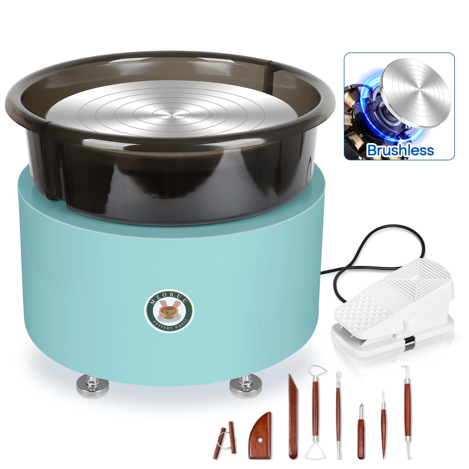 MZOKUU 11 Inch Electric Pottery Wheel for Adults - Ceramic Forming Machine with Foot Pedal, Sculpting Tools Kit, Direct Drive Motor & Dual Rotation - Perfect for Clay Art, Ceramic Making & DIY Craft Projects (Blue) - Great Gift for Artists & Hobbyists