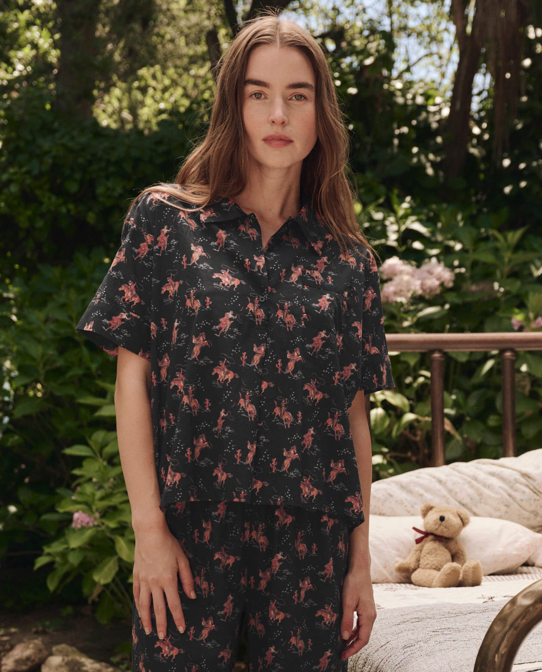 Men's Short Sleeve Pajama Shirt - Soft Cotton Sleepwear with Navy Cowboy Print - Perfect for Lounging, Sleeping & Relaxing at Home