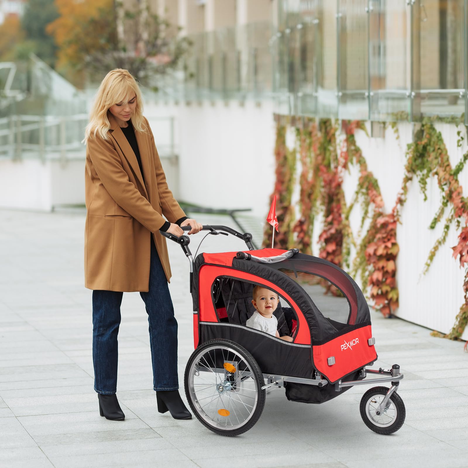 PEXMOR 2-in-1 Bike Trailer for Kids - 2 Seat Child Bicycle Trailer & Stroller with Safety Harnesses, Shock Absorber, Universal Hitch & 360° Swivel Wheel - Perfect for Family Cycling, Outdoor Adventures & Safe Toddler Transport