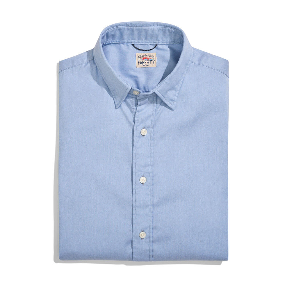 Faherty Men's Movement Sport Shirt - Breathable Performance Shirt for Golf & Travel, Lightweight Quick-Dry Button Down in Atlantic Sky Blue | Perfect for Outdoor Activities & Casual Wear