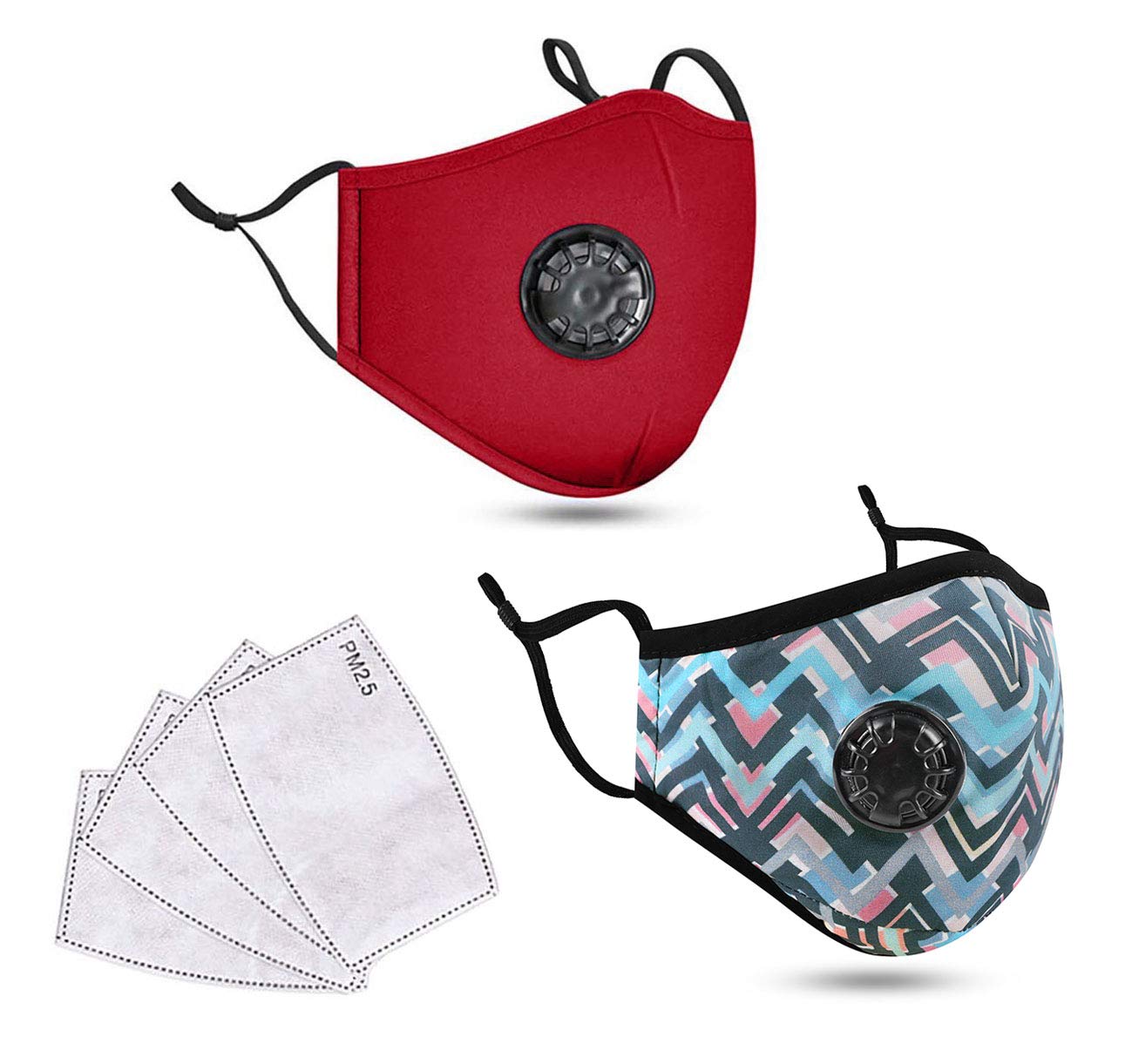 2 Pack Unisex Cloth Face Masks with Activated Carbon Filters - Breathable Fabric Bandana for Outdoor Activities, Cycling, Hiking & Travel (BUR/Graphic Blue)