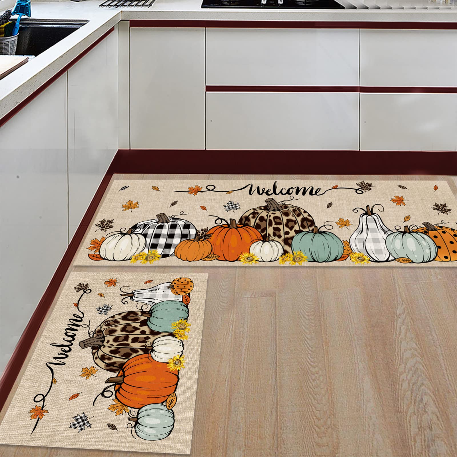 Thanksgiving 2-Piece Non-Slip Kitchen Mat Set - Fall Pumpkin & Sunflower Design, Anti-Fatigue Thick Floor Mats with Runner | Perfect for Holiday Cooking, Dining Room Decor & Cozy Home Kitchen