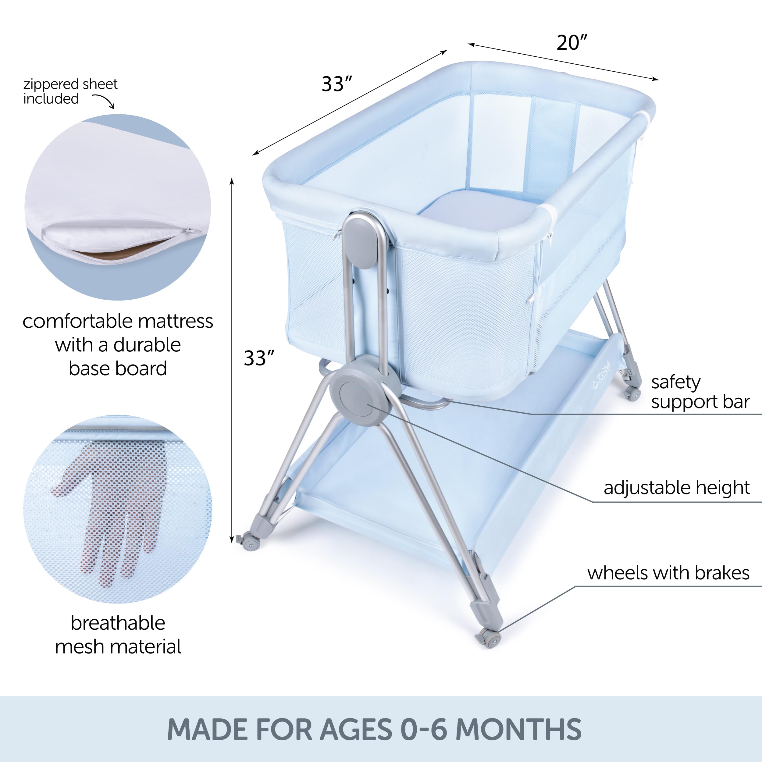 Adjustable Height Baby Bedside Sleeper & Bassinet with Wheels - Portable Foldable Crib Attaches to Parents Bed - Safe Co-Sleeping Solution for Newborns & Infants (Blue) - Perfect for Nursery, Bedroom & Travel Use