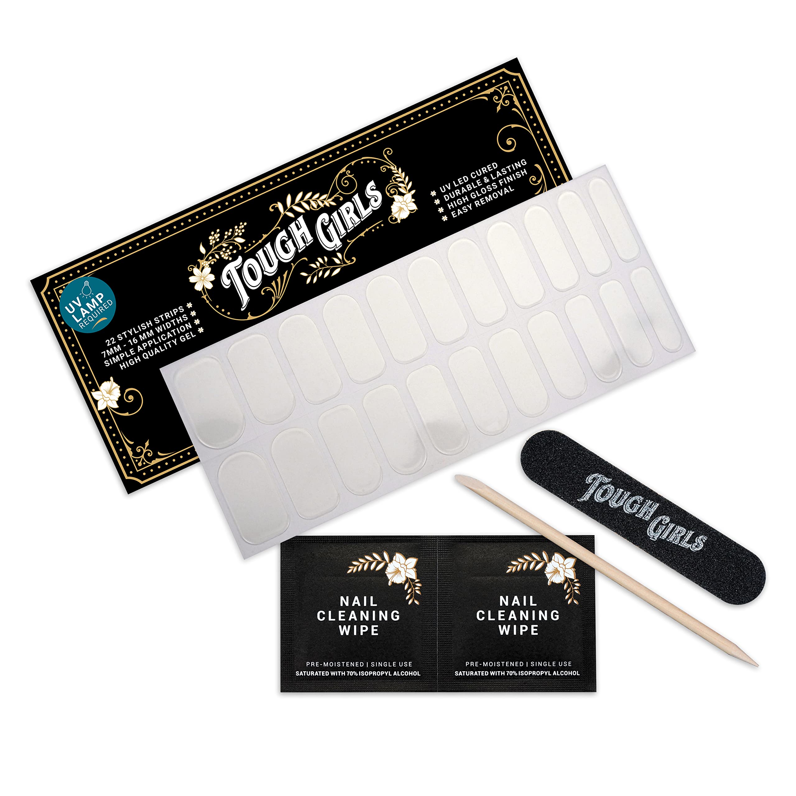 TOUGH GIRLS 22 Semi-Cured Premium Nail Polish Strips (Clear Gloss) - Long Lasting Gel Nails for Women, Easy DIY Manicure at Home, Perfect for Parties, Weddings & Special Occasions