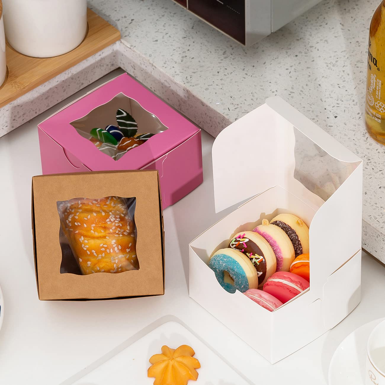 100-Pack 4x4x2.5 Inch White Bakery Boxes with Window - Small Pastry Boxes for Cupcakes, Donuts, Chocolate Strawberries & Desserts | Perfect for Home Baking, Party Favors & Gift Packaging