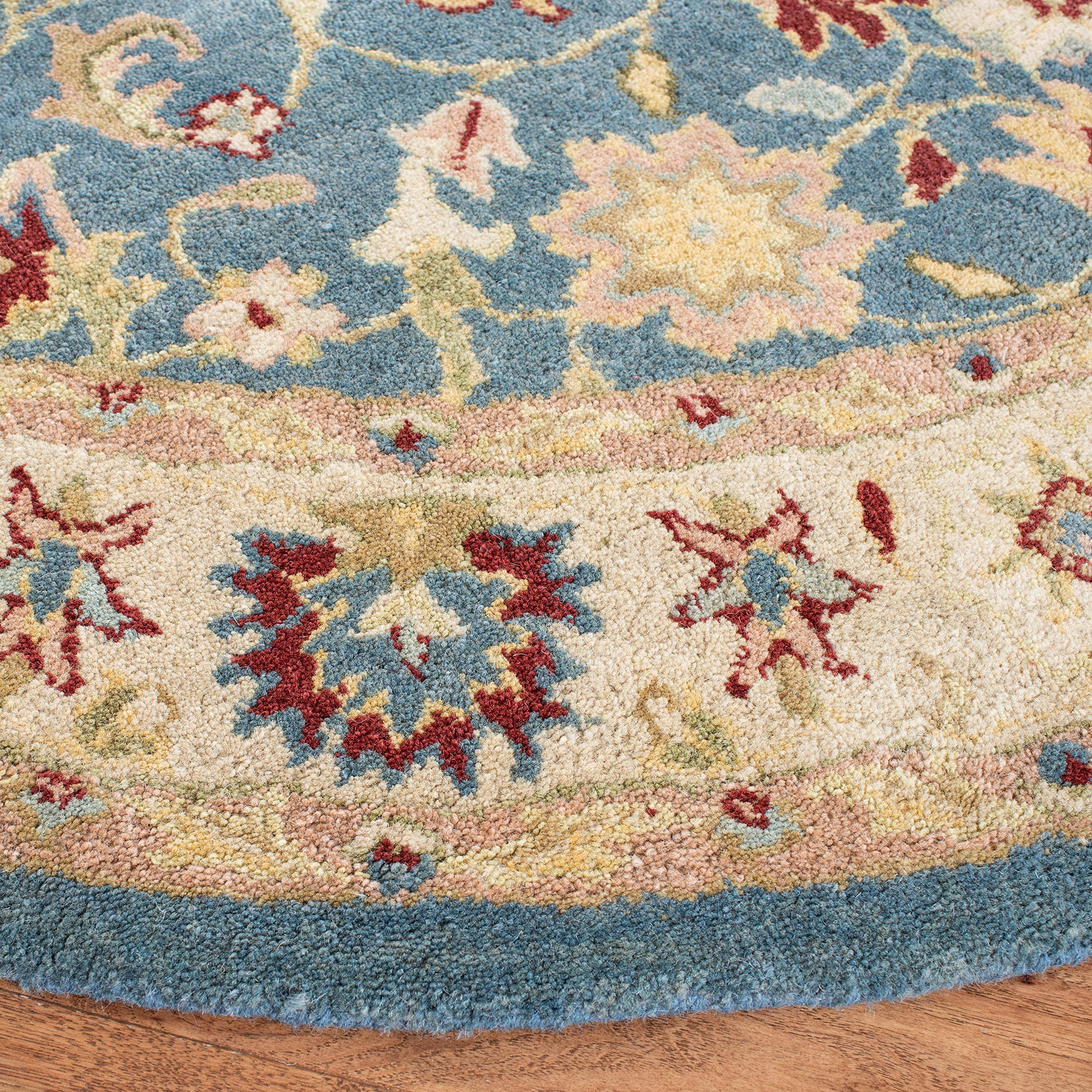 SAFAVIEH Antiquity Collection 8' Round Blue Beige Oriental Wool Area Rug - Handmade Traditional Premium Rug for Living Room, Bedroom & Dining Room Decor