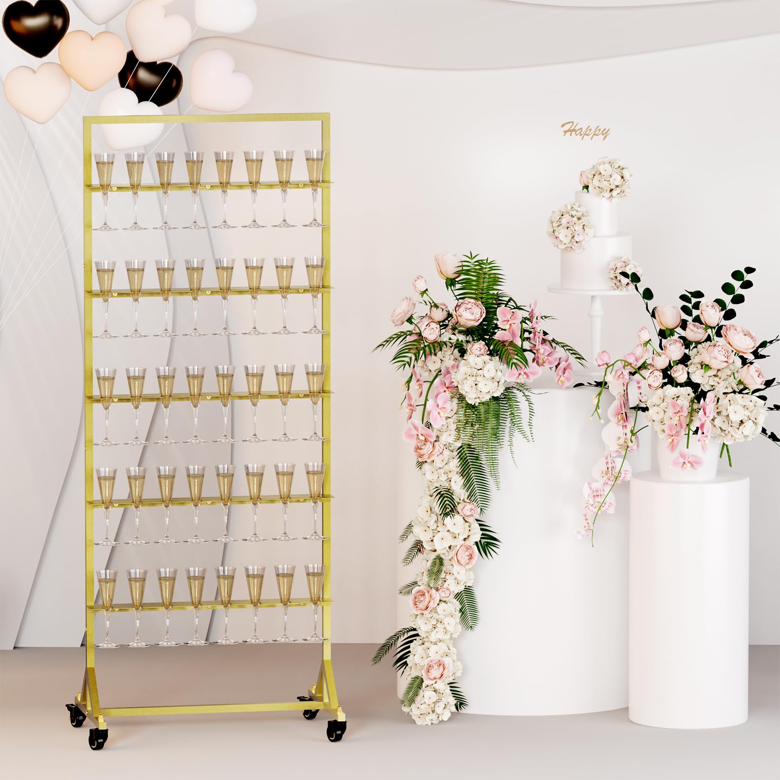 5-Tier Gold Metal Champagne Wall Holder - Holds 40 Glasses with Swivel Casters | Perfect for Weddings, Parties & Events | Sturdy Champagne Flutes Display Stand for Bars & Banquets