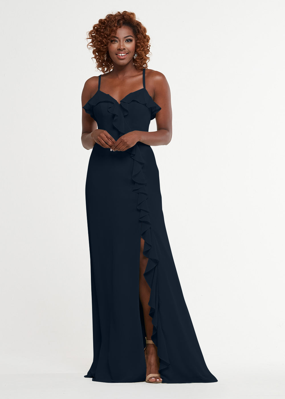 Elegant 80174 Chiffon A-Line Bridesmaid Dress with Ruffles & High Slit - Perfect for Weddings, Formal Events & Prom - Plus Size Options Available