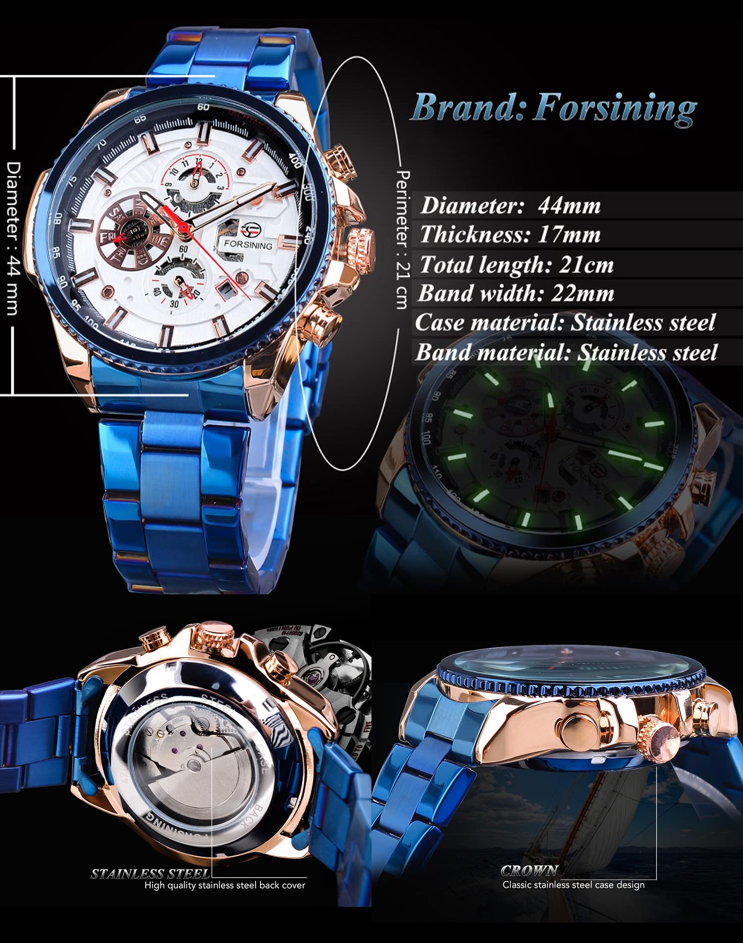 FORSINING Men's Automatic Self-Winding Luxury Stainless Steel Watch - Large Dial, Multifunction (Month/Day/Date, Stopwatch, Tachymeter) - Perfect for Business, Formal Events & Everyday Wear