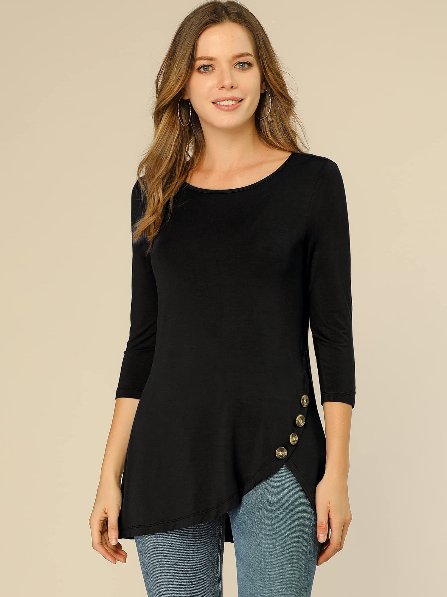 Allegra K Women's Loose Asymmetrical Hem Tunic T-Shirt - 3/4 Sleeve Round Neck Casual Top for Spring 2025 | Perfect for Work, Weekend Outfits & Layering
