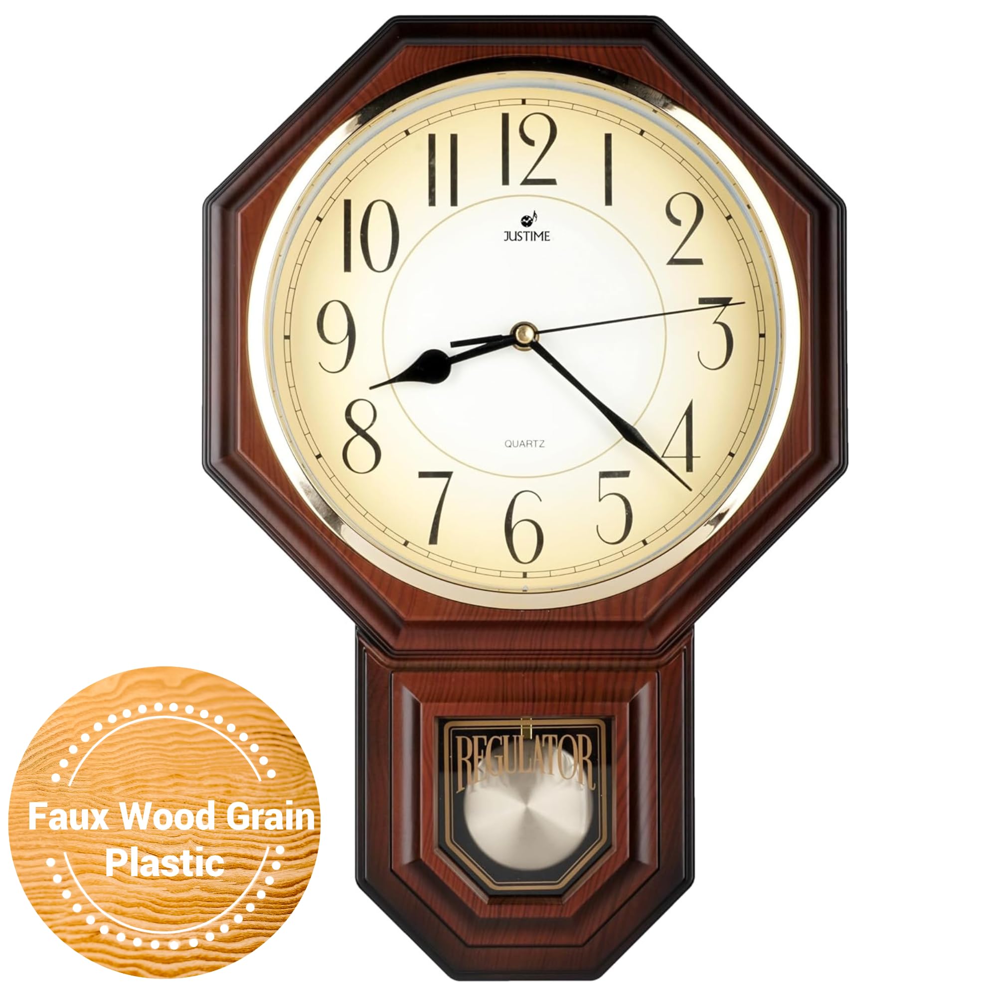 JUSTIME Traditional Arabic Pendulum Wall Clock with Westminster Chime - Hourly Chimes, Dark Wood Grain (PP0258-ADW) | Battery Included | Perfect for Living Room, Office & School Decor | Made in Taiwan