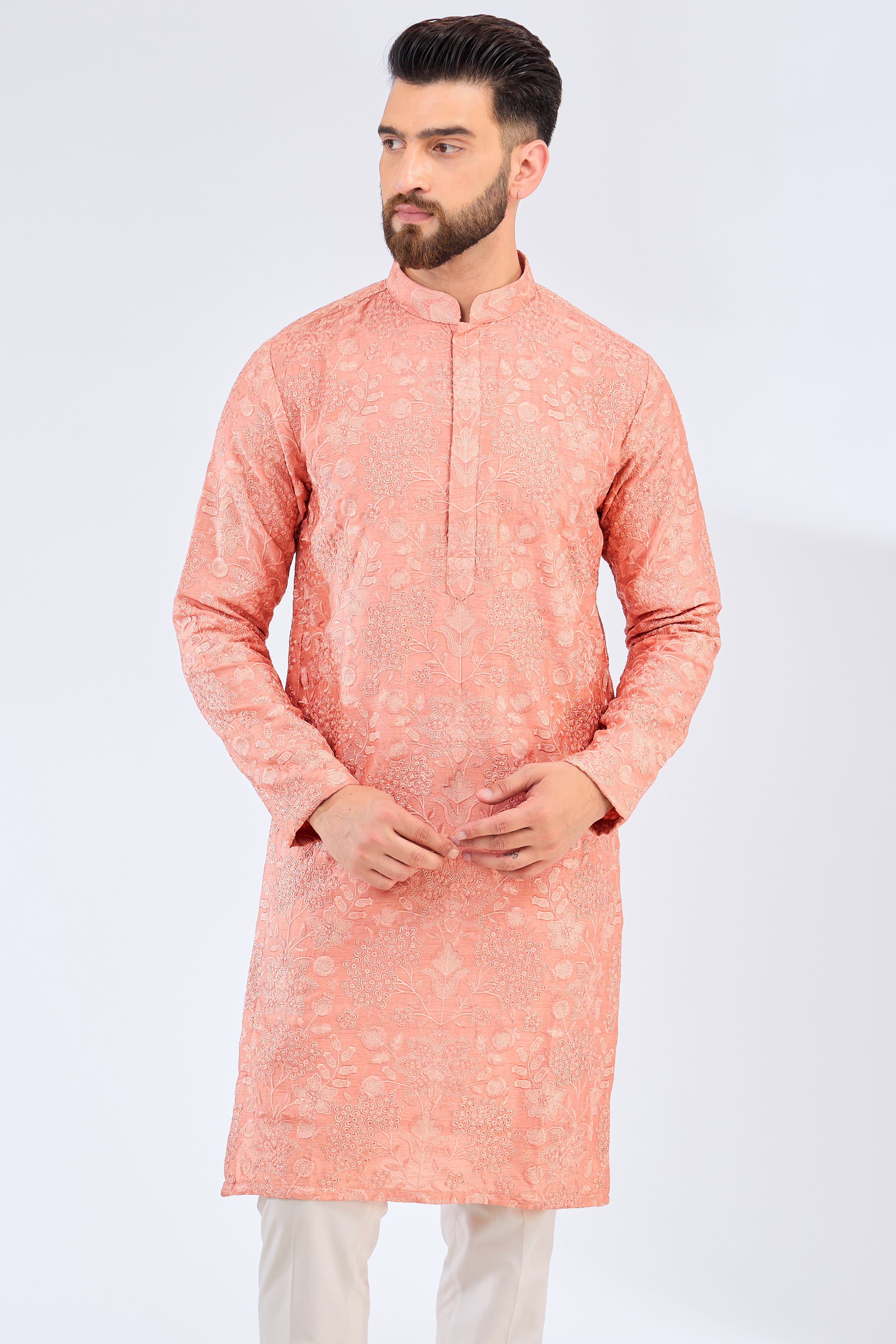 Stylish Peach Floral Thread Work Kurta for Women - Perfect for Festivals, Parties & Casual Wear