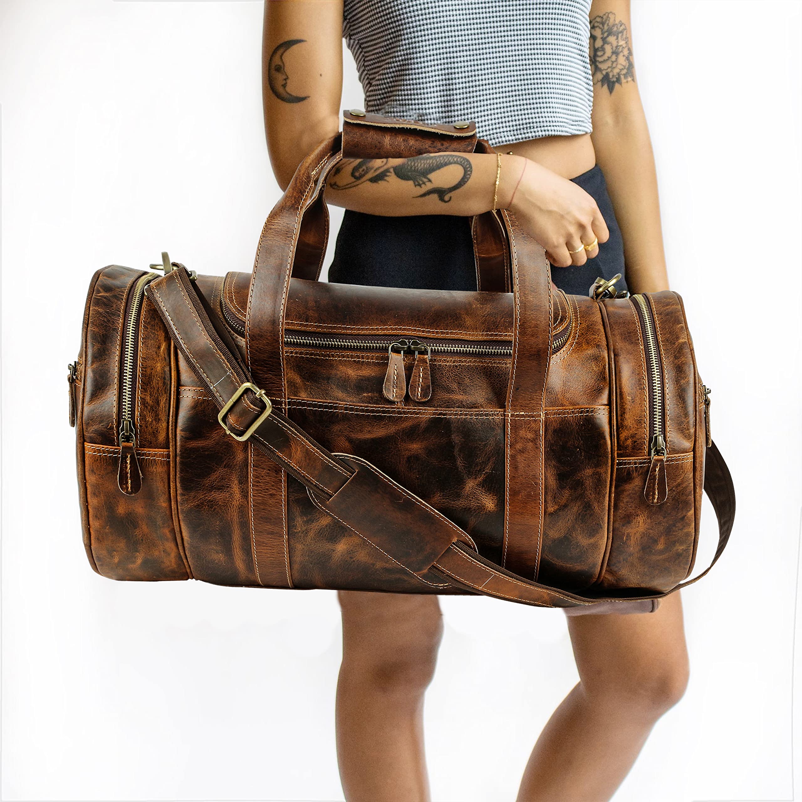 Tuzech 20-Inch Large Leather Duffel Bag - Travel, Gym & Airplane Approved Carry-On Luggage for Men & Women - Perfect for Weekend Trips, Business Travel & Sports Gear Storage