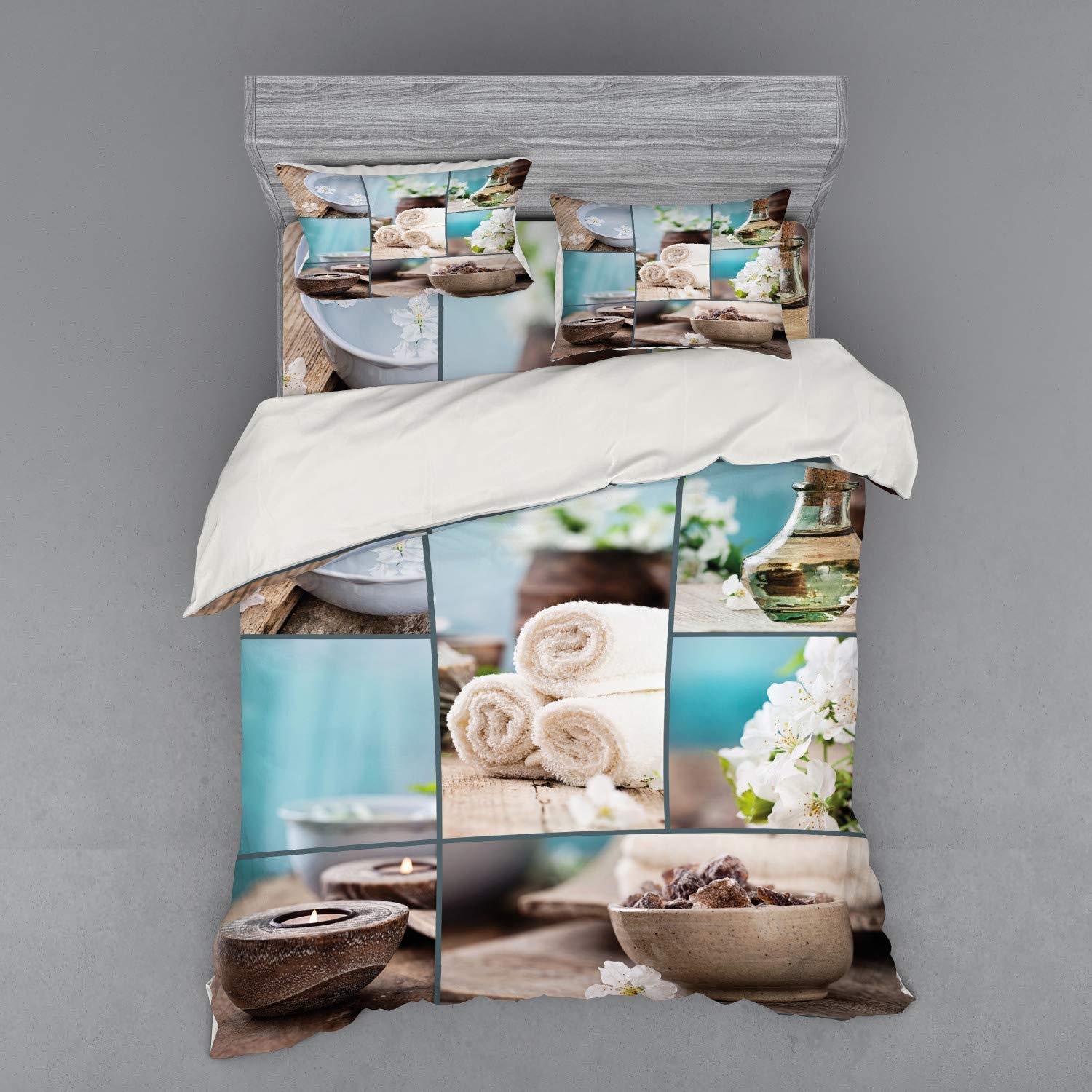 Ambesonne 4-Piece Spa Duvet Cover Set Queen Size - Far East Massage Theme with Oils, Candles & Flowers Print, Blue & White Bedding Set with Shams & Fitted Sheet - Perfect for Relaxing Spa Nights, Guest Rooms & Meditation Retreats
