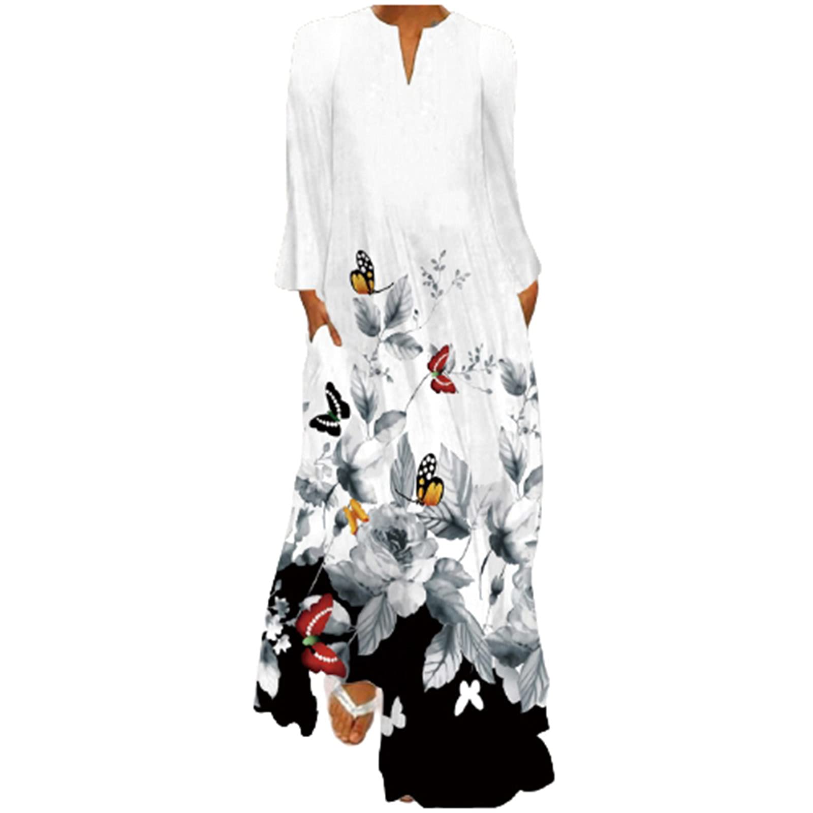 Vintage Boho Long Dresses for Women - Butterfly Floral Print Casual V-Neck Long Sleeve Maxi Dress for Evening Party, Beach, Wedding & Summer Outfits