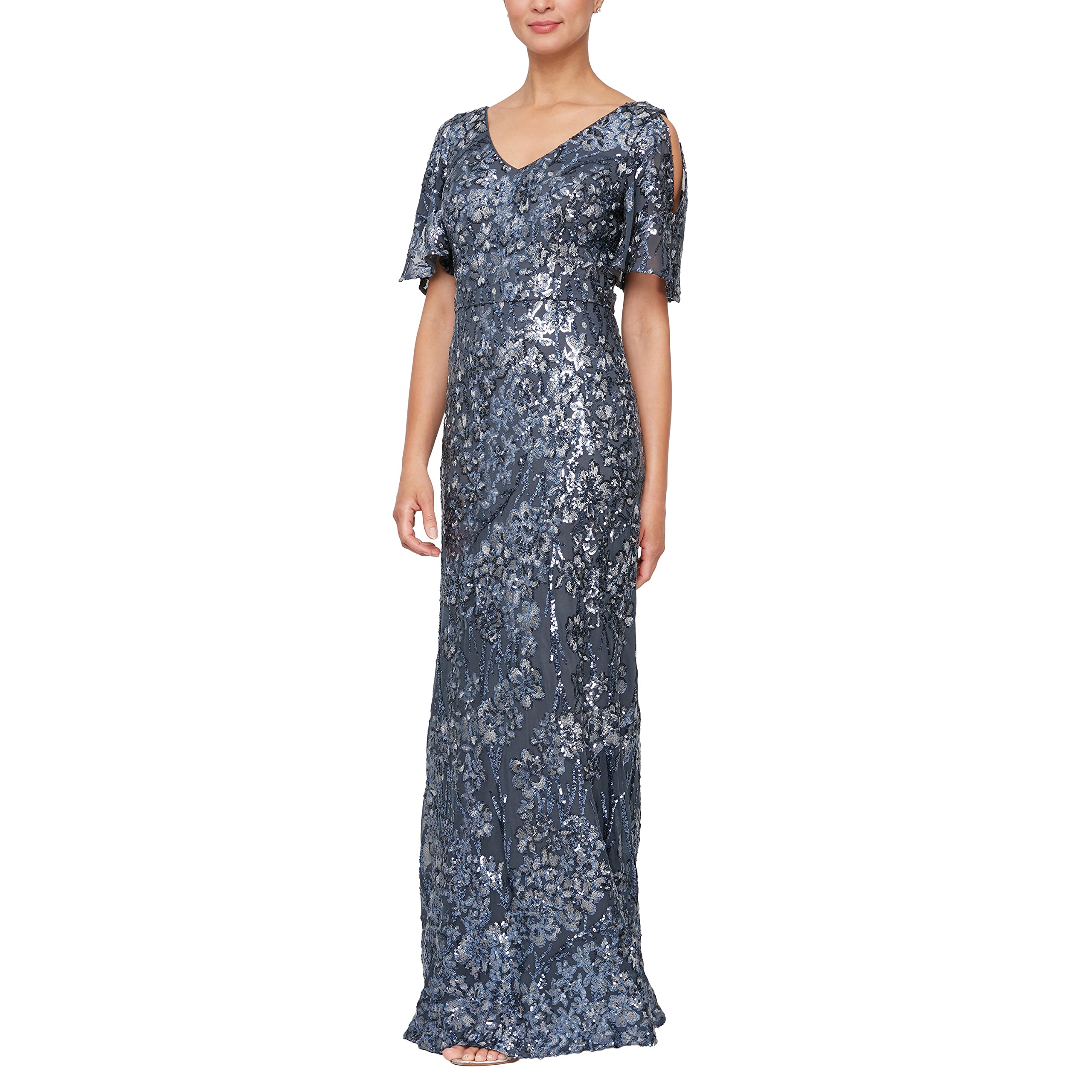 Alex Evenings Women's Long Sequin Mother of The Bride Dress with Cold Shoulder Flutter Sleeves - Formal Evening Gown for Weddings, Galas & Special Occasions (Petite & Regular Sizes)