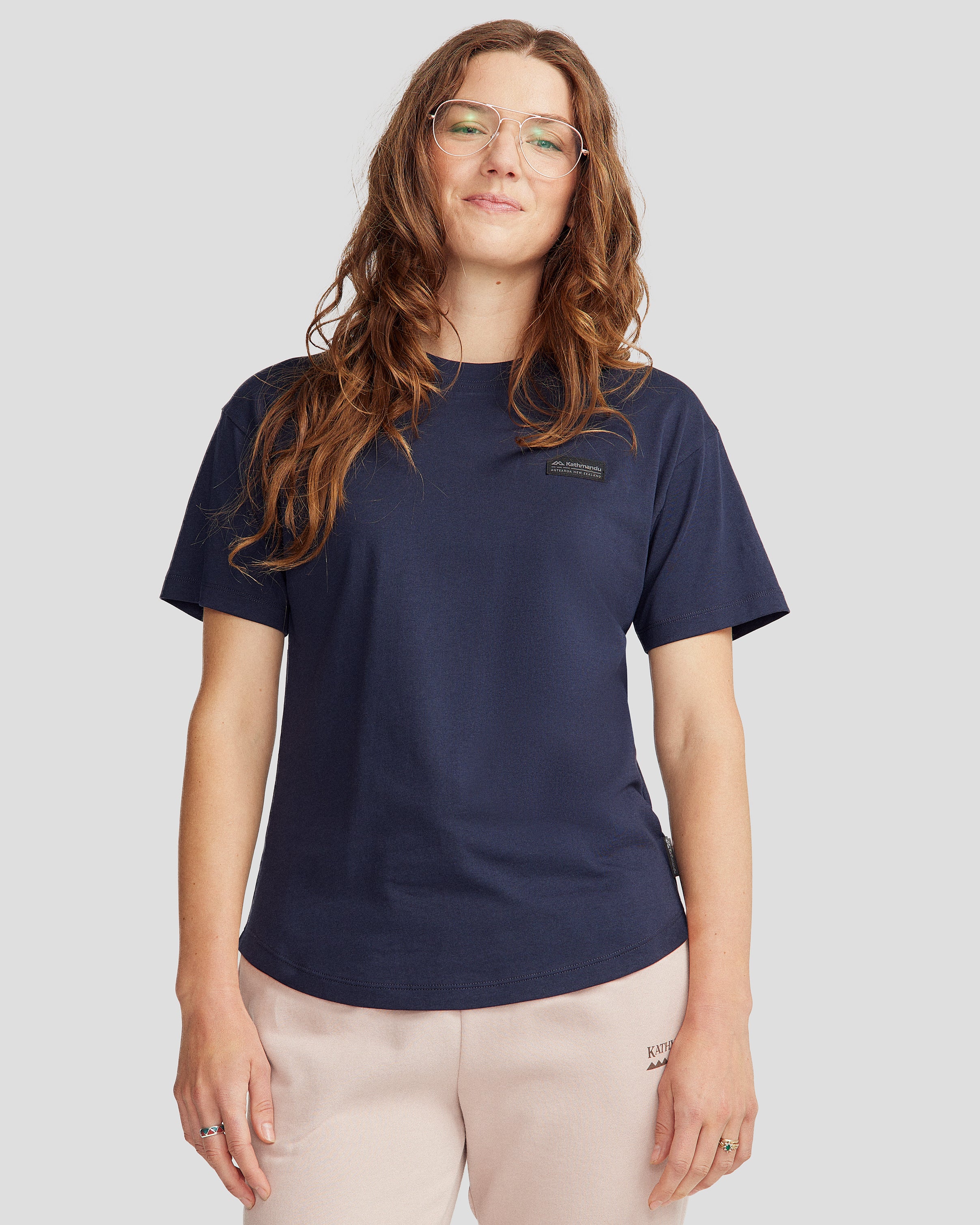 Women's Organic Cotton Short Sleeve T-Shirt with Badge Design - Pure Navy | Comfortable Casual Wear for Everyday Outfits & Summer Activities