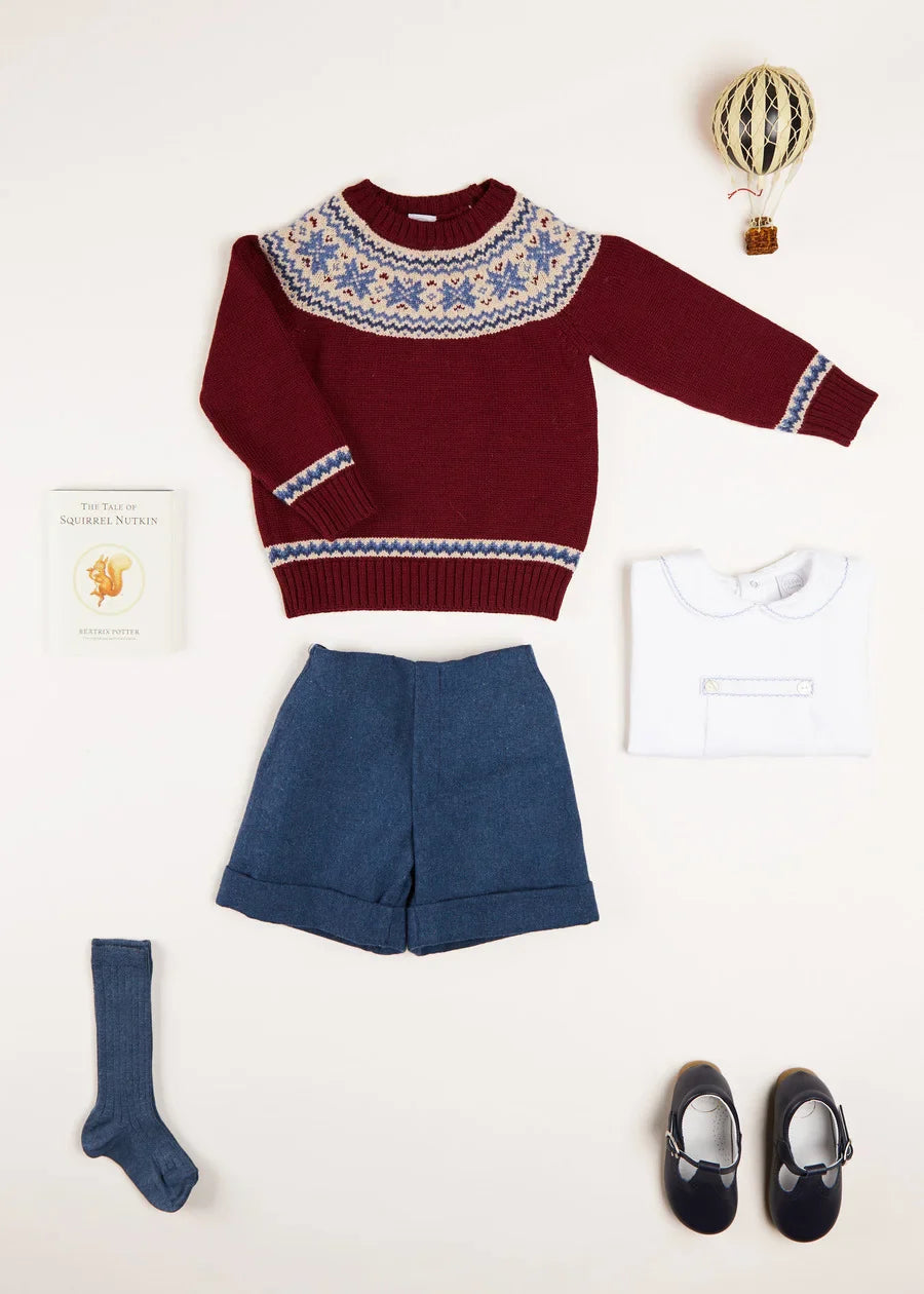 Classic Fair Isle Merino Wool Sweater for Kids - Burgundy Knit Pullover (12 Months to 10 Years) | Warm Winter Wear for Boys & Girls | Cozy Holiday Outfit & Christmas Photoshoot