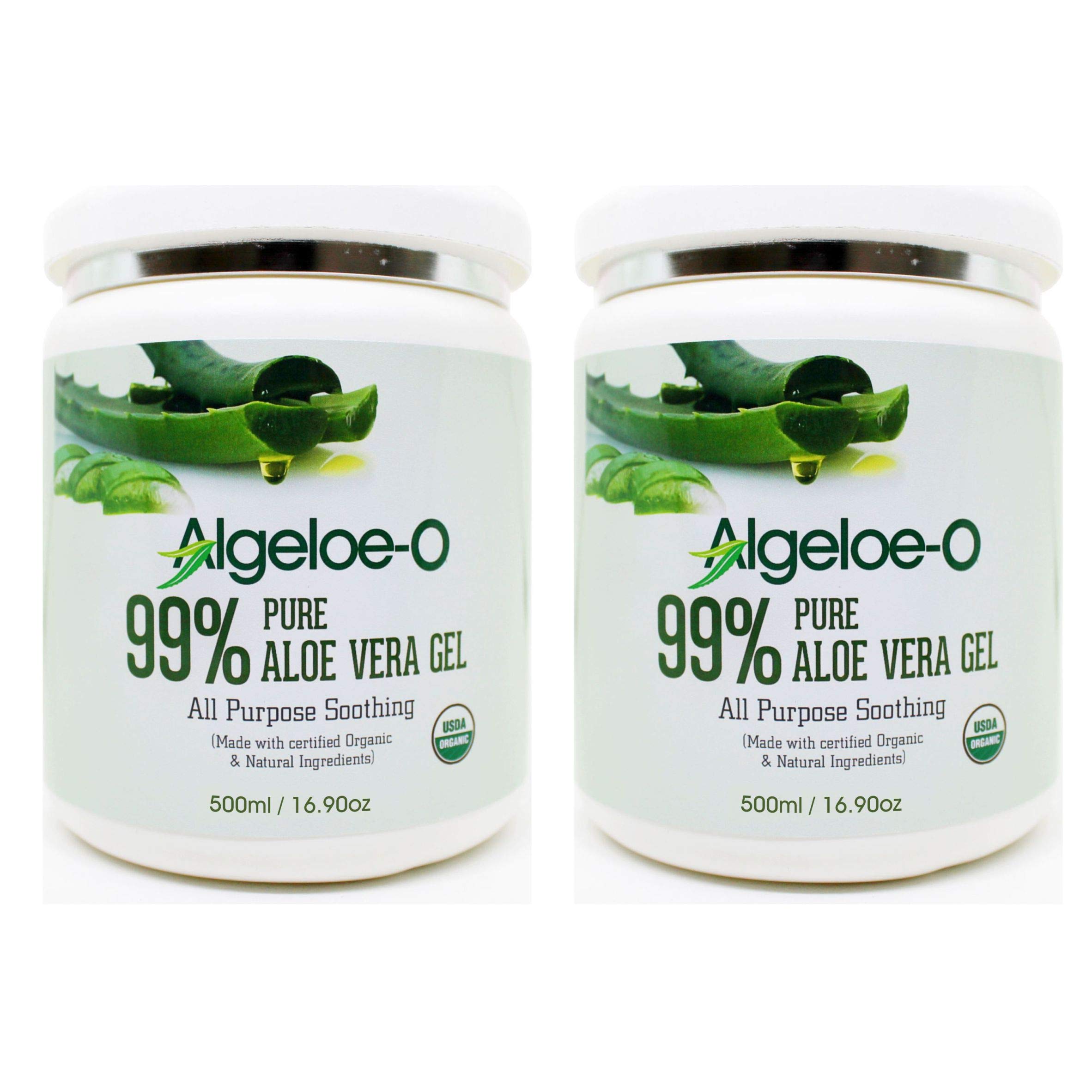 Organic Aloe Vera Gel 99% Pure - USDA Certified, Paraben & Sulfate Free, No Added Color - 500ml/16.9oz (Pack of 2) - Perfect for Sunburn Relief, Skin Hydration & Hair Care