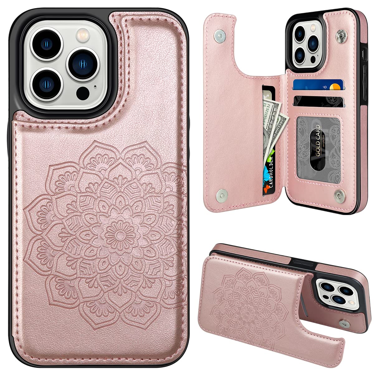 MMHUO Magnetic Wallet Case for iPhone 14 Pro - Flower Design Flip Cover with Card Holder, Slim Protective Phone Case for Women (Rose Gold) | Perfect for Everyday Use, Travel & Shopping