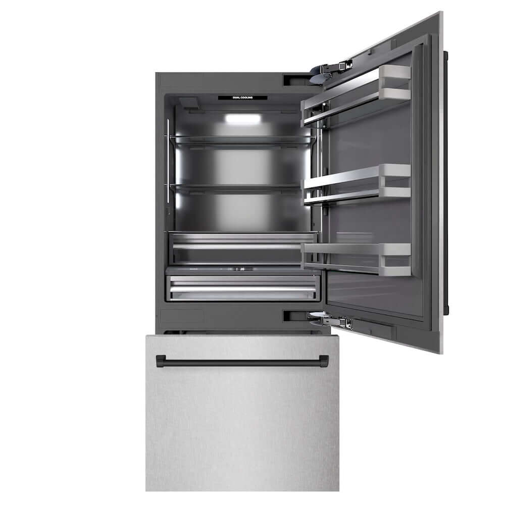 ZLINE Autograph Edition 36 Inch Built-In Bottom Freezer Refrigerator - 19.8 cu.ft Capacity, Water Dispenser & Ice Maker - Satin Stainless Steel with Graphite Gray Interior & Matte Black Accents (GRBITZ SN 36 MB) - Perfect for Modern Kitchens, Open Concept Homes & Luxury Appliance Upgrades