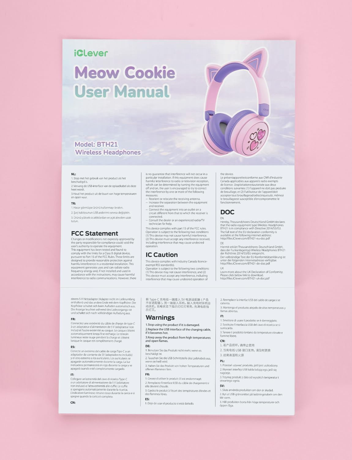 iClever Kids Bluetooth Headphones with Light Up Cat Ears - 60H Playtime, USB-C Fast Charging, Safe Volume 74/85dB - Wireless Toddler Headphones for iPad, Tablets & Travel (Meow Cookies Purple) - Perfect for School, Airplane & Home Learning