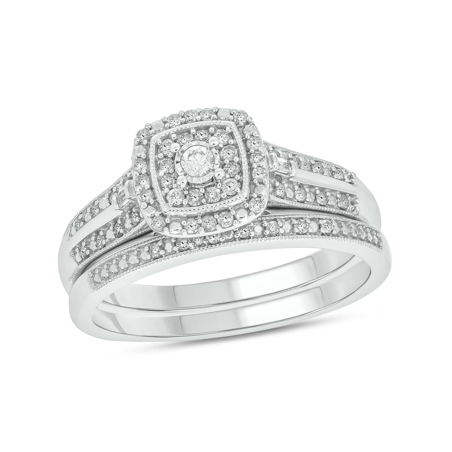 1/3 Carat Diamond Square Halo Engagement Ring & Wedding Band Set for Women in 925 Sterling Silver - Elegant Bridal Jewelry for Proposals, Anniversaries & Special Occasions