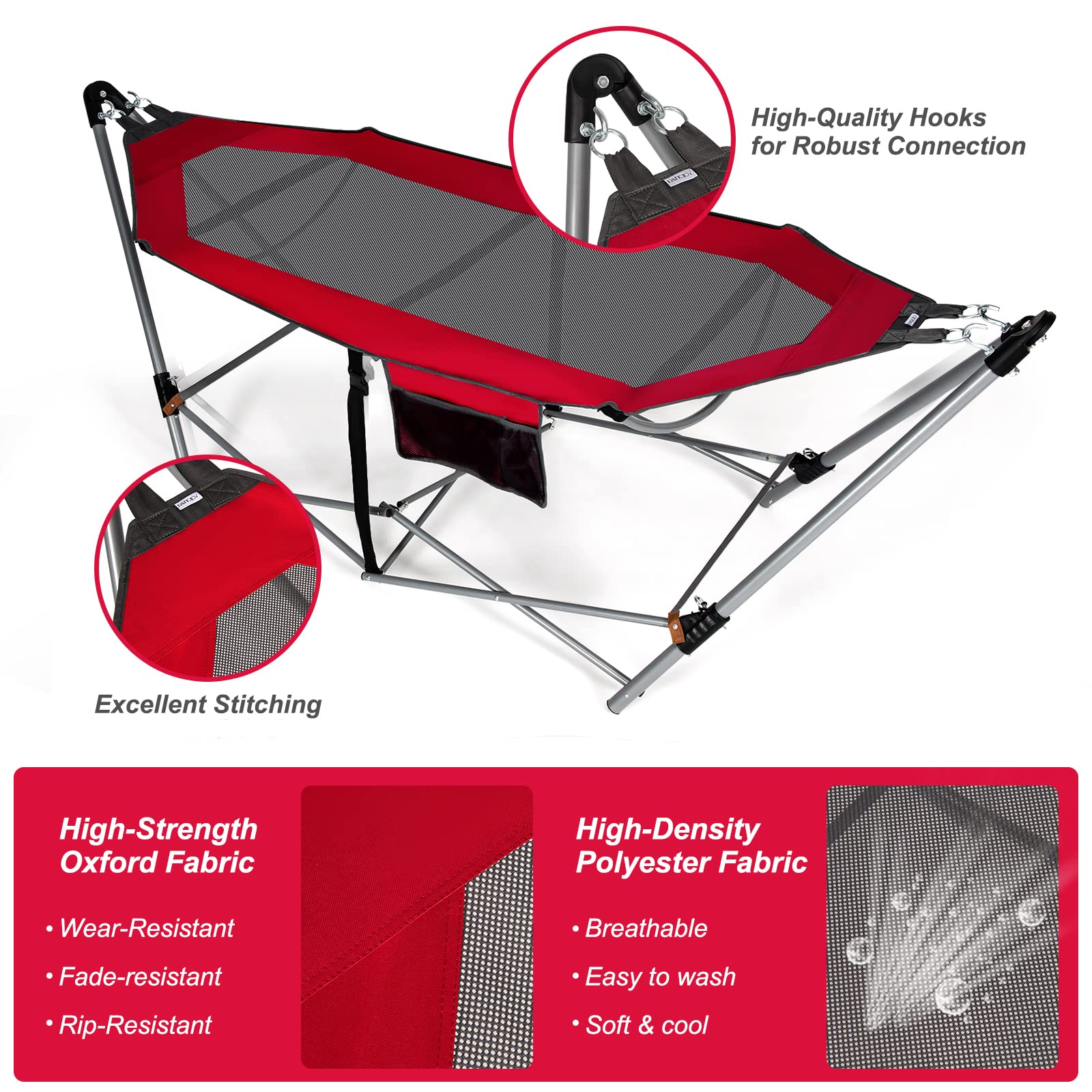 Giantex Portable Folding Hammock with Stand - Heavy Duty Camping Bed for Indoor & Outdoor Use, Patio, Yard, Beach - Includes Side Pocket & Anti-Tip Buckles, Sturdy Iron Frame (Red) - Perfect for Relaxing, Lounging, Camping Trips and Backyard Getaways