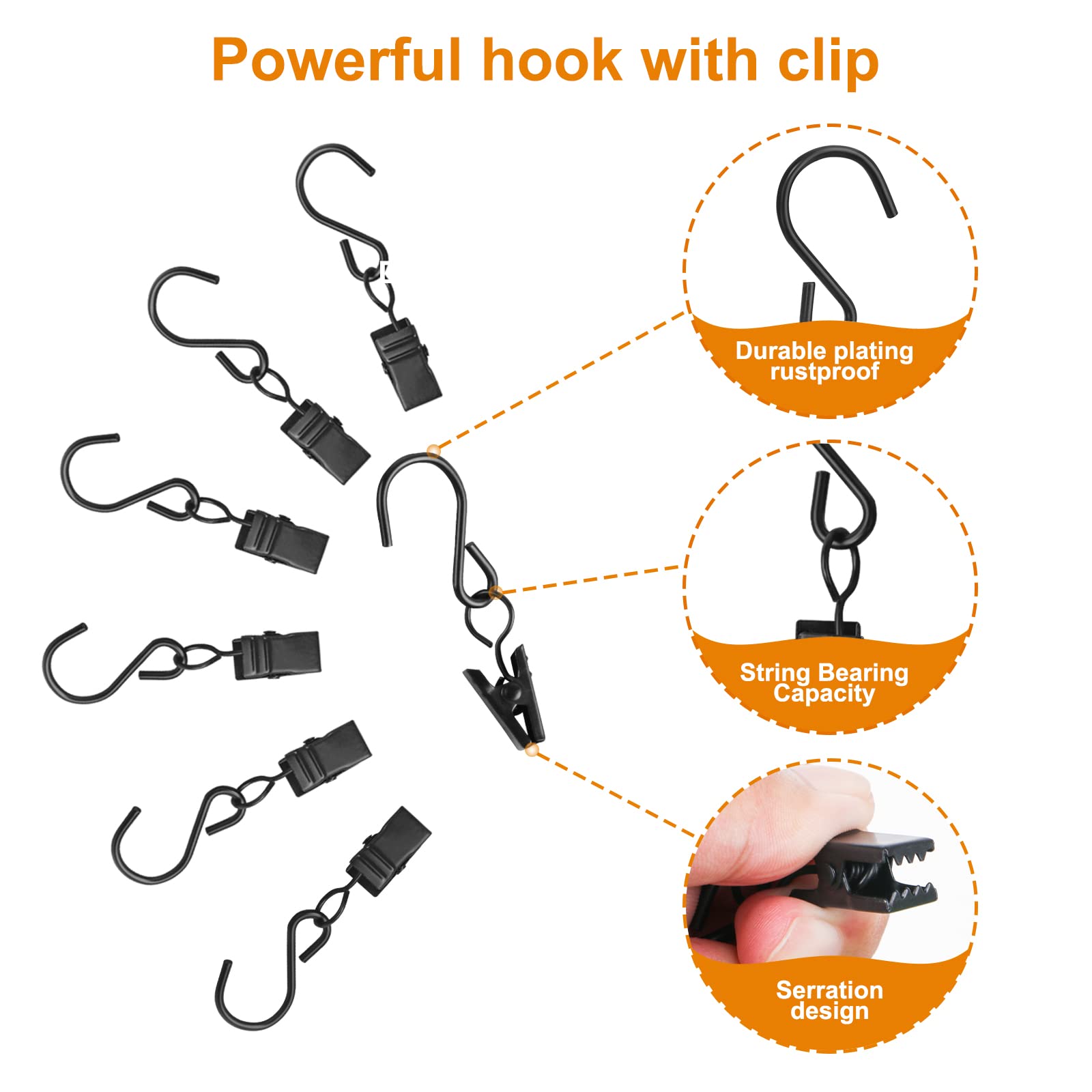 40 PCS Stainless Steel Curtain Clips with S Hooks for Outdoor String Lights - Heavy Duty RV Awning & Gutter Light Clips (Black) - Perfect for Patio, Garden, Camping and Backyard Decoration