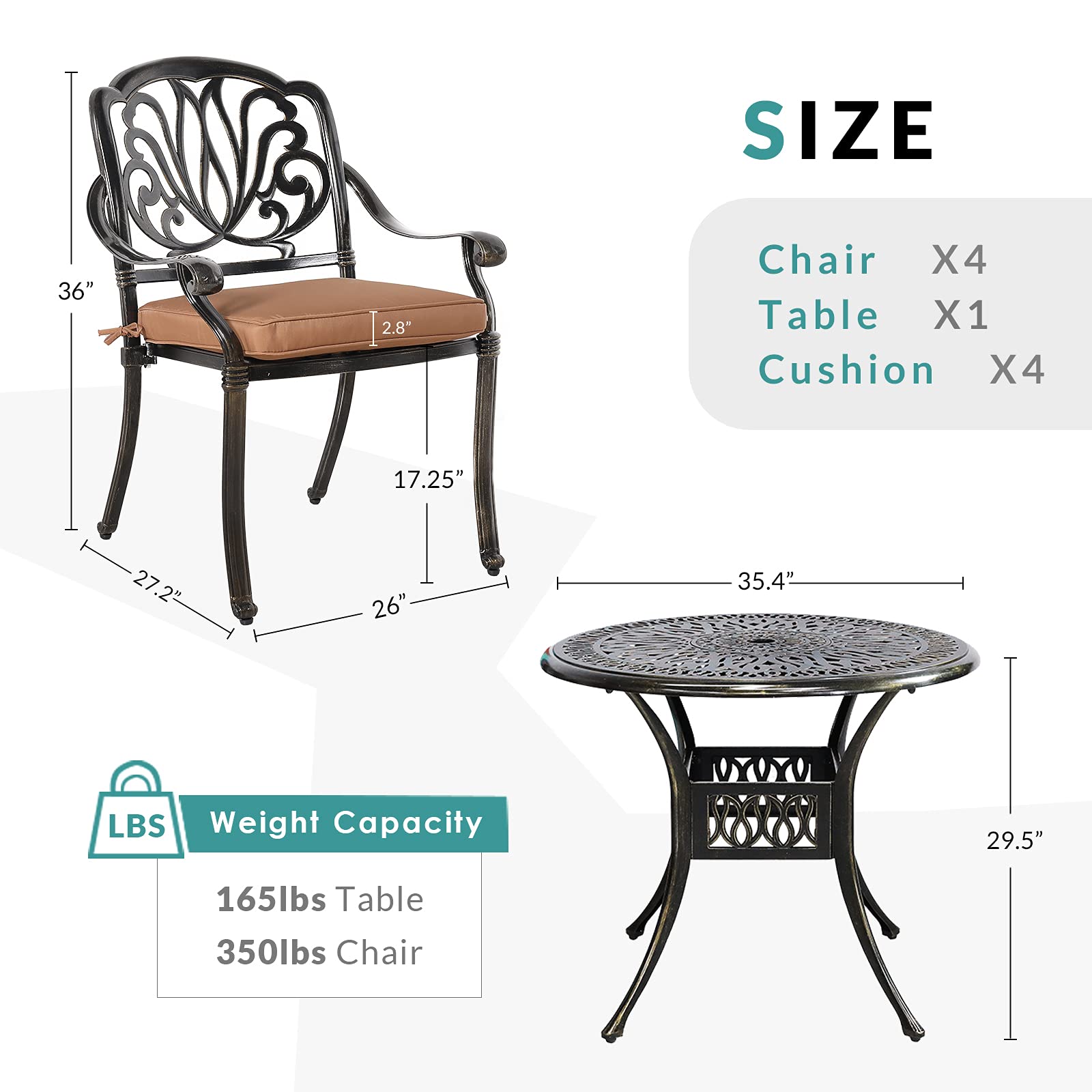 MEETWARM 5-Piece Outdoor Patio Dining Set - All-Weather Cast Aluminum Table & Chairs with Cushions - Garden, Backyard, Deck Furniture - Includes 4 Chairs, 4 Cushions & 1 Round Table with Umbrella Hole - Perfect for Outdoor Entertaining & Relaxation