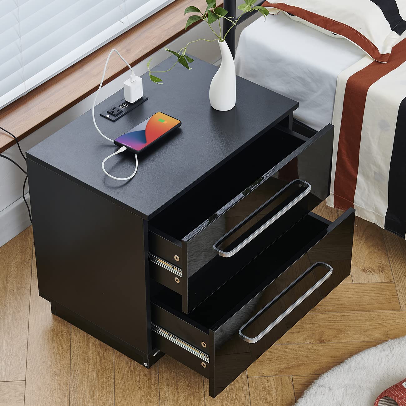 Belifeglory Modern Nightstand with 2 Drawers, USB Charging Station & LED Light - High Gloss Bedside Table, End Table for Bedroom, Living Room - Perfect for Small Spaces, Apartment Furniture, Home Office Organization