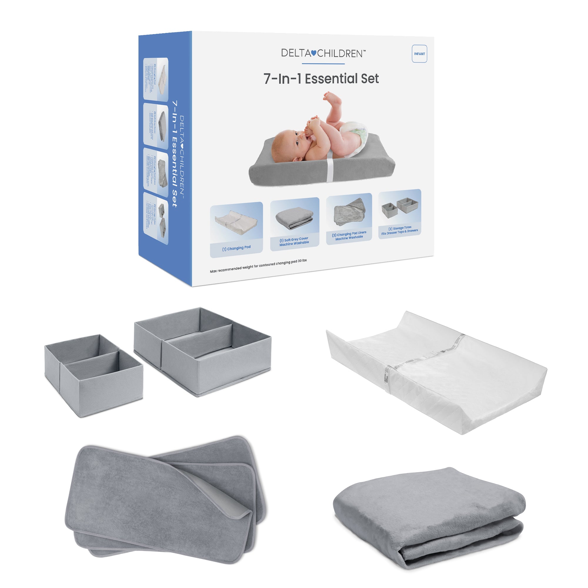 7-Piece Baby Changing Table Set with Changing Pad, Plush Cover, 3 Liners & 2 Storage Bins - Newborn Essentials Gift for Boys & Girls - Perfect for Nursery Organization & Diaper Changes