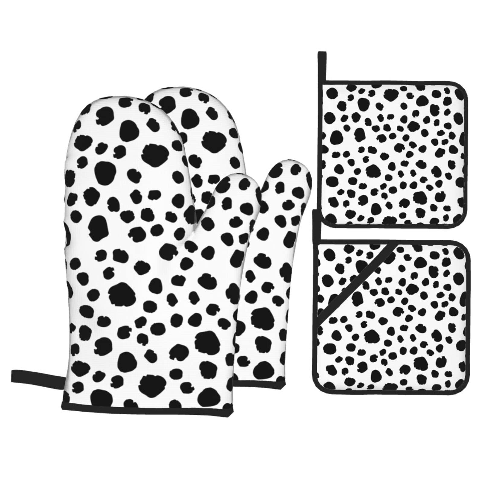 Heat Resistant Black Dots Oven Mitts & Pot Holders Set - Non-Slip Kitchen Gloves for Cooking, Baking, Grilling & BBQ (4-Piece Set) - Perfect for Hot Pans, Baking Sheets & Outdoor Barbecues