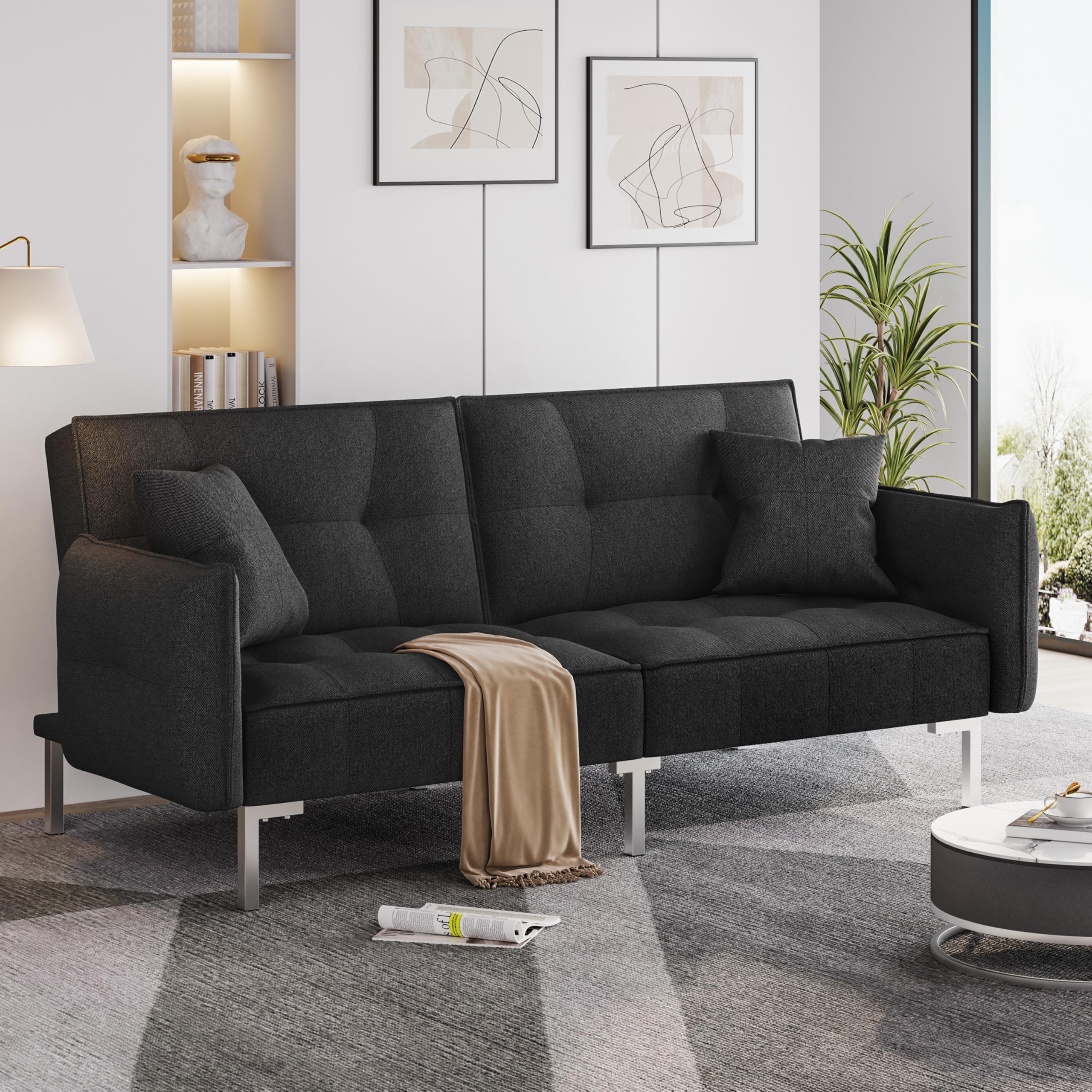 Yaheetech Convertible Futon Sofa Bed with Armrest - Linen Fabric Recliner Couch for Living Room, Guest Room & Small Spaces - Black Modern Sleeper Sofa for Apartments, Dorms & Home Office