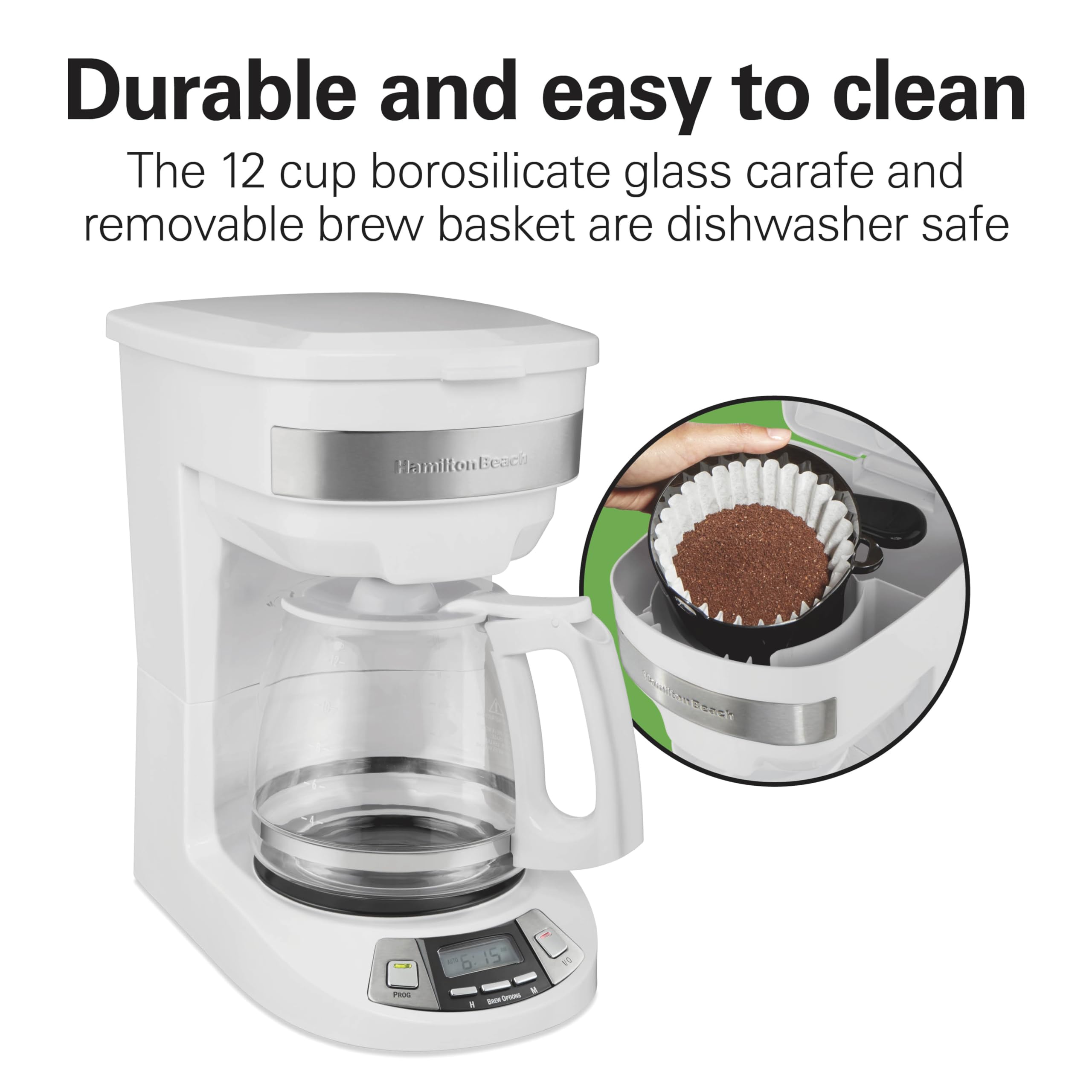 Hamilton Beach 12 Cup Programmable Drip Coffee Maker - 3 Brew Options, Glass Carafe, Auto Pause & Pour - White (46294) | Perfect for Home, Office & Entertaining