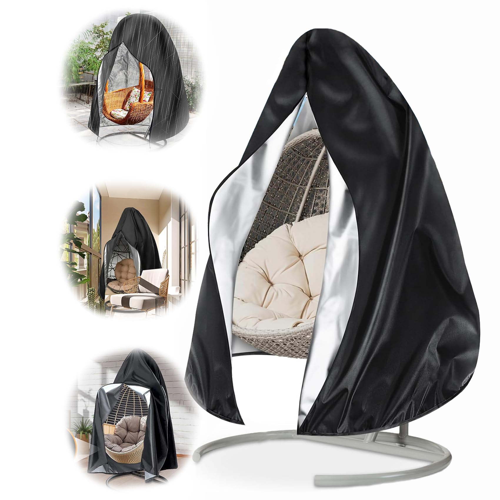 Reofrey Waterproof UV-Resistant Patio Hanging Chair Cover with Zipper - 75x45 Inch Outdoor Egg Swing Chair Protector for Garden, Balcony & Backyard (Black) | Weatherproof Furniture Protection for All Seasons
