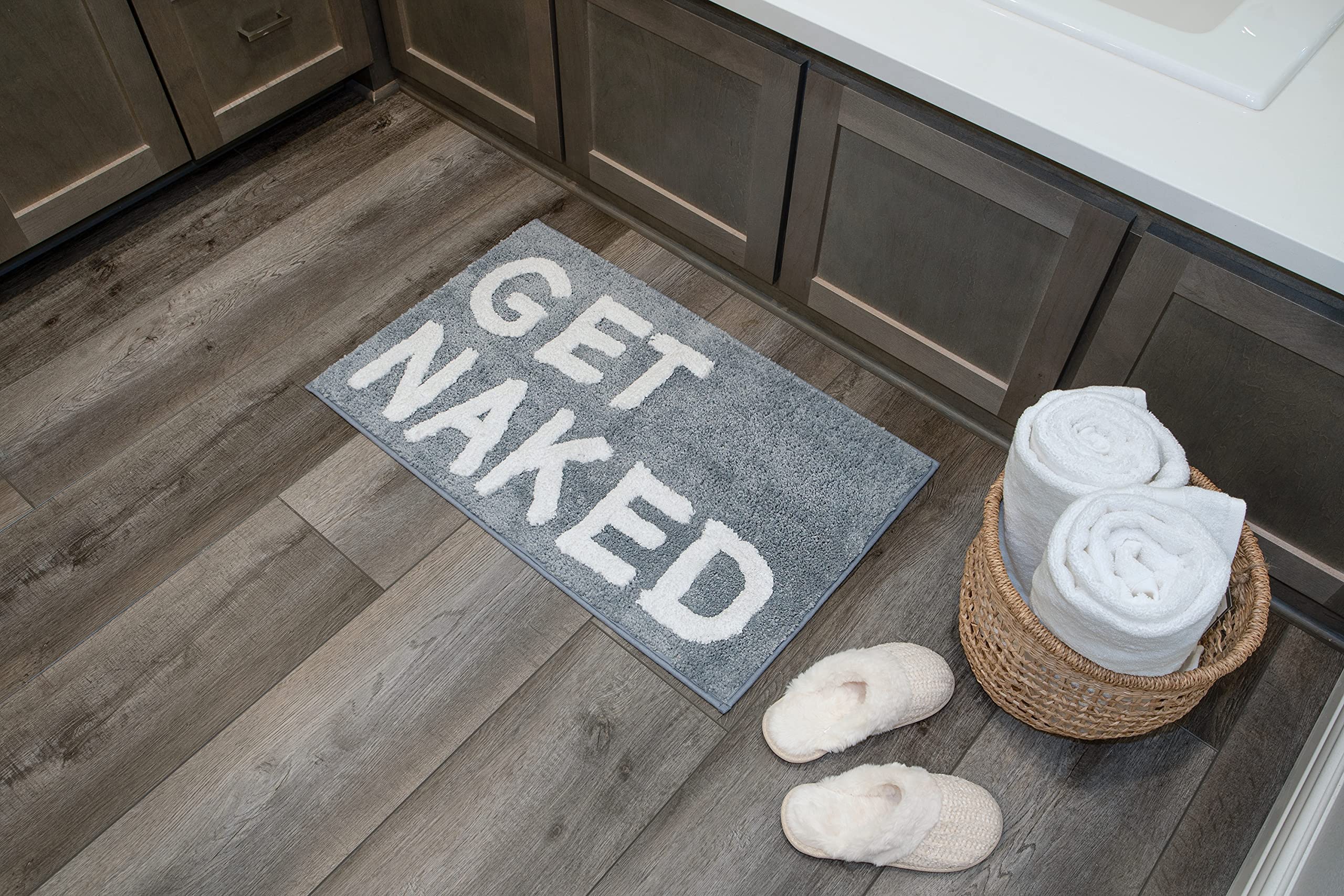 LABEND HOME Funny Peach Bathroom Decor - Get Naked Bath Mat & Shower Curtain Set - Cute Non-Slip Washable Bath Rug for Bathroom Accessories - Perfect for Spa, Guest Bathroom or Funny Gift (Gray)