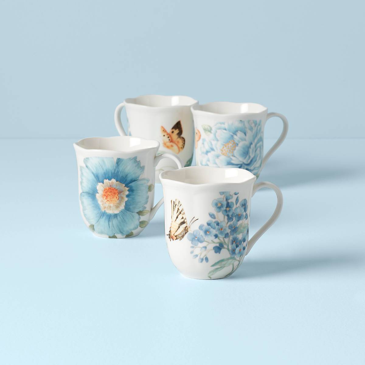 Butterfly Meadow Blue Coffee Mugs Set of 4 - Ceramic Tea Cups for Home, Office & Gifts - Perfect for Morning Coffee, Afternoon Tea & Hot Beverages